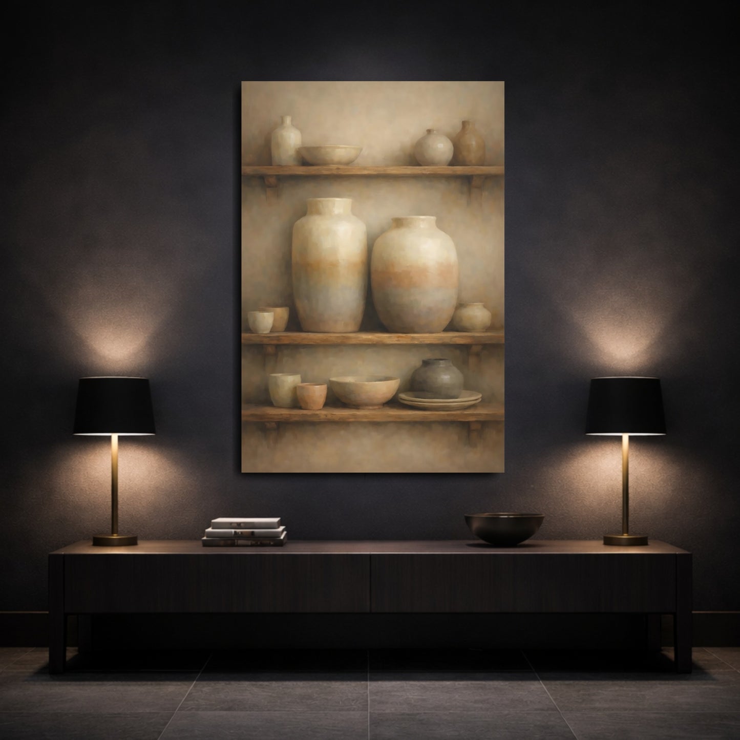 Mockup 2. Vintage Clay Pottery Brown And Tan shown as stretched canvas wall art