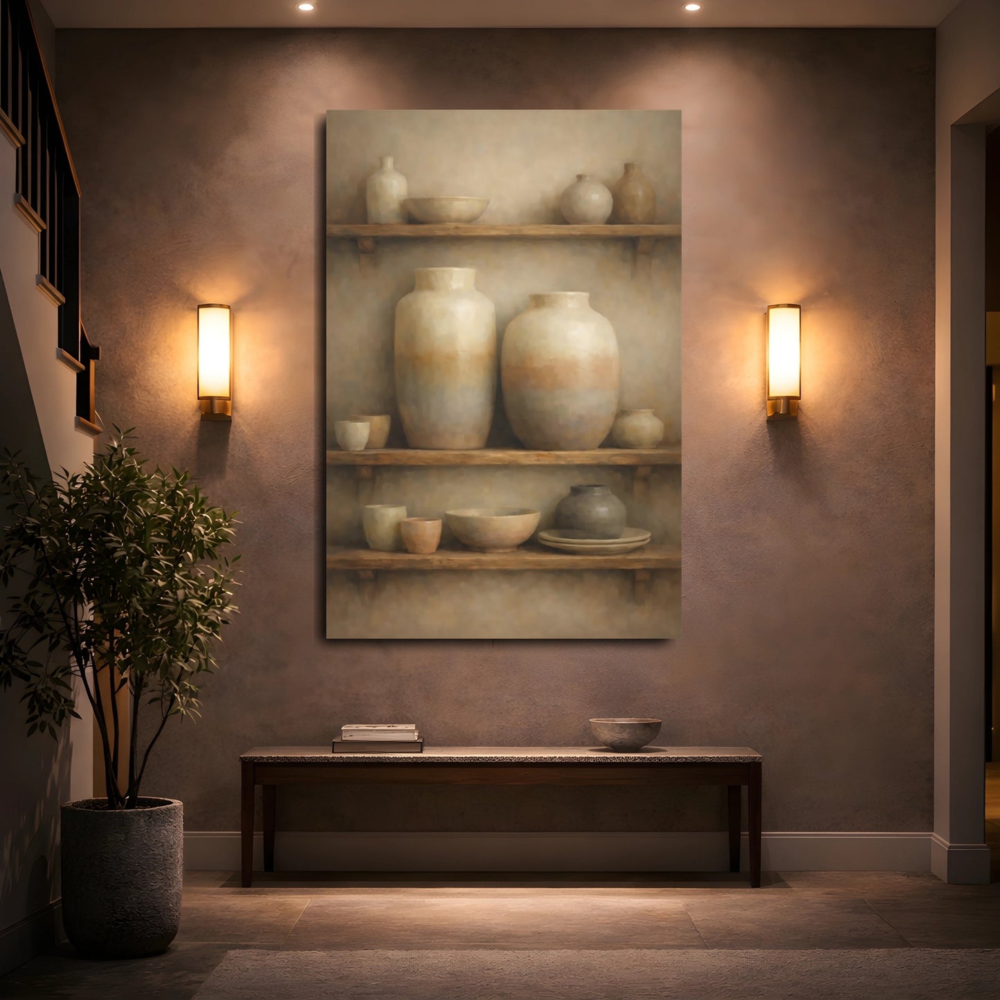 Mockup 4. Vintage Clay Pottery Brown And Tan shown as stretched canvas wall art