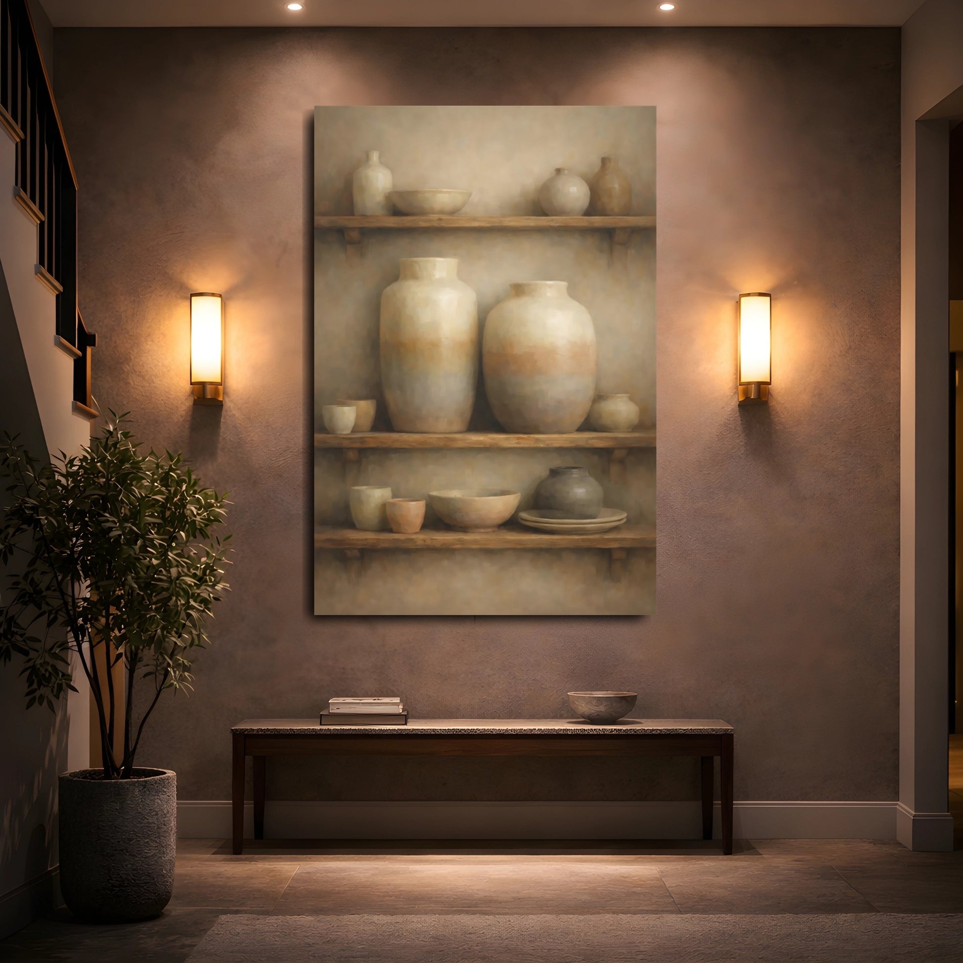 Mockup 4. Vintage Clay Pottery Brown And Tan shown as stretched canvas wall art