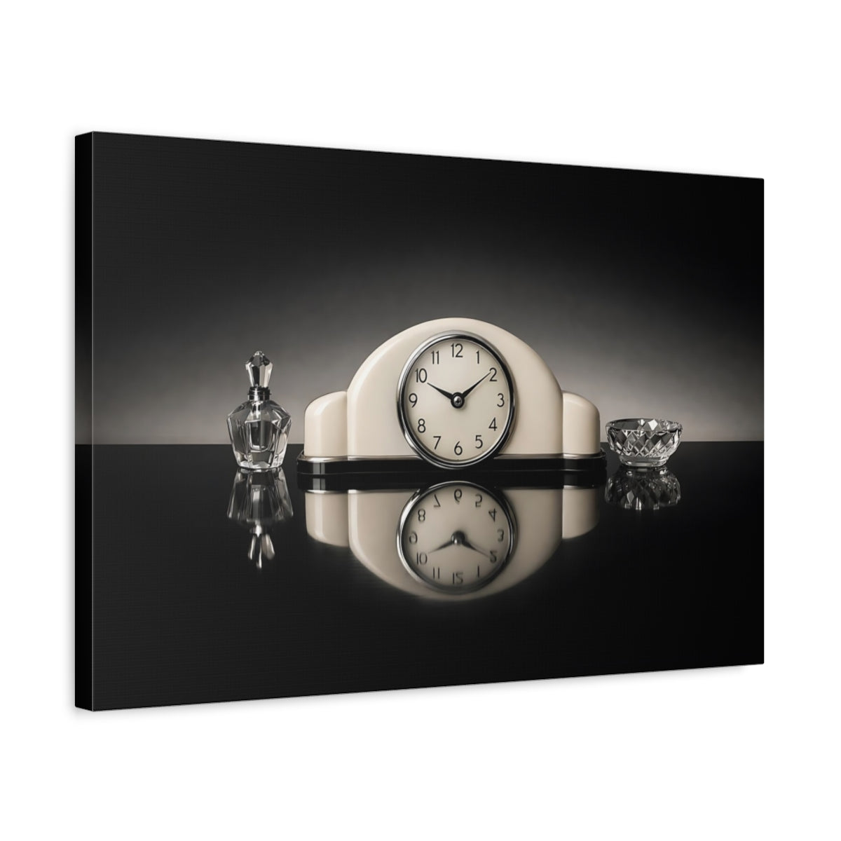 Side Mockup 3. Vintage Vintage Clock Vintage Black And White shown as stretched canvas wall art