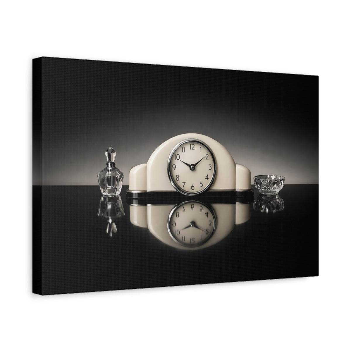 Side Mockup 4. Vintage Vintage Clock Vintage Black And White shown as stretched canvas wall art