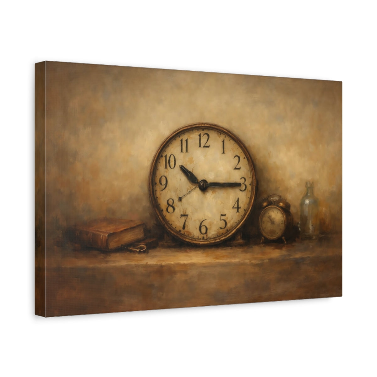 Side Mockup 4. Vintage Vintage Clock Brown And Beige shown as stretched canvas wall art