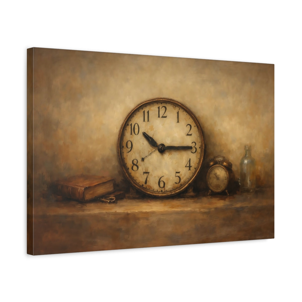 Side Mockup 3. Vintage Vintage Clock Brown And Beige shown as stretched canvas wall art