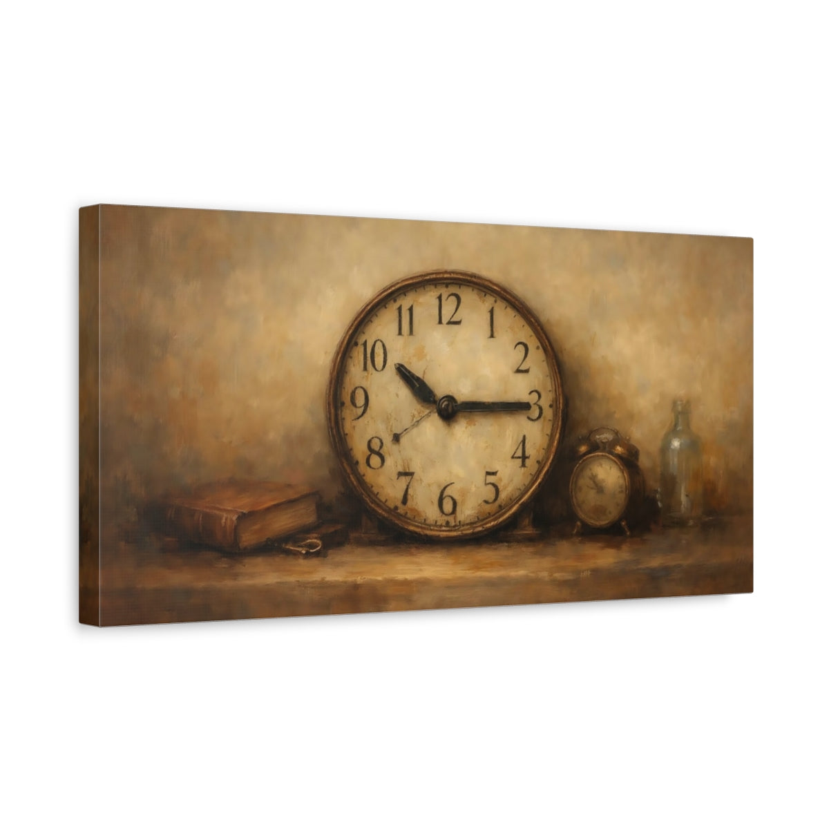 Side Mockup 3. Vintage Vintage Clock Brown And Gold Clock shown as stretched canvas wall art