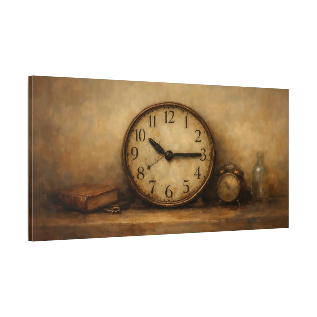 Side Mockup 1. Vintage Vintage Clock Brown And Gold Clock shown as stretched canvas wall art