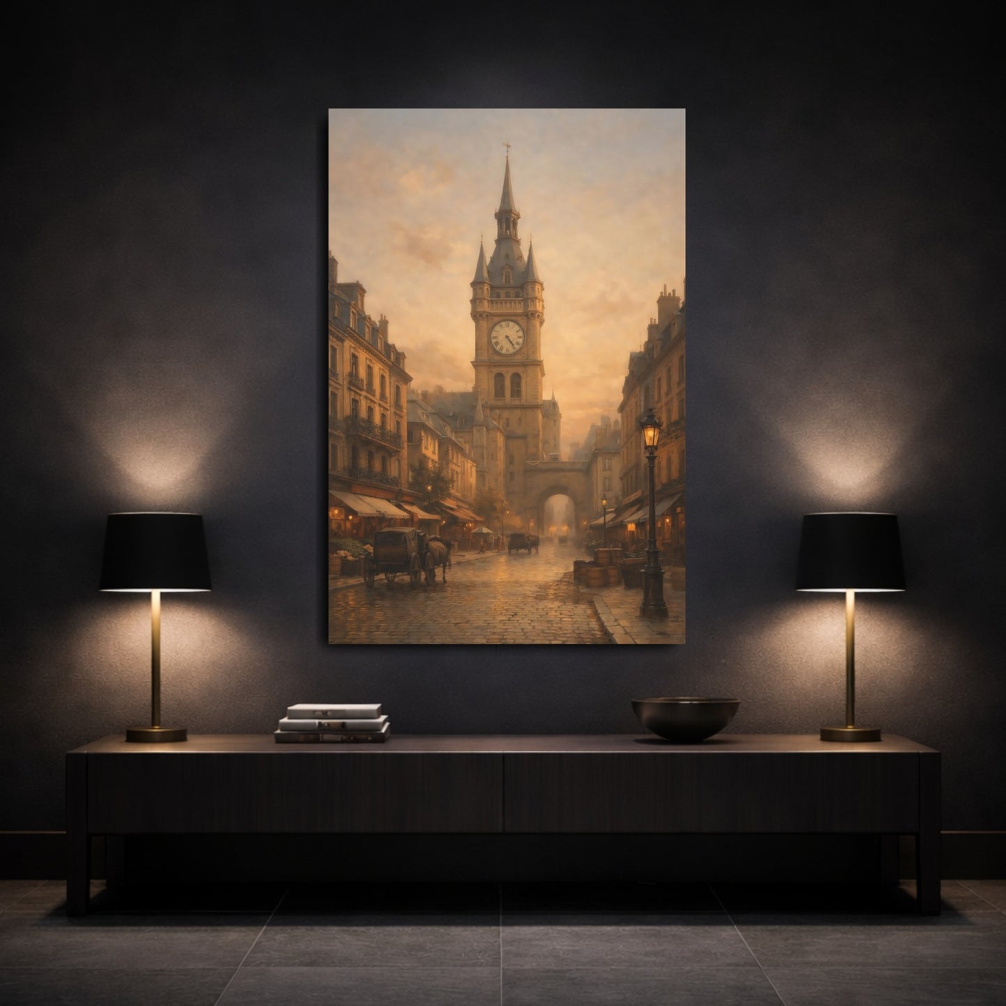 Vintage Clock Tower Golden Cityscape shown as front canvas room wall art