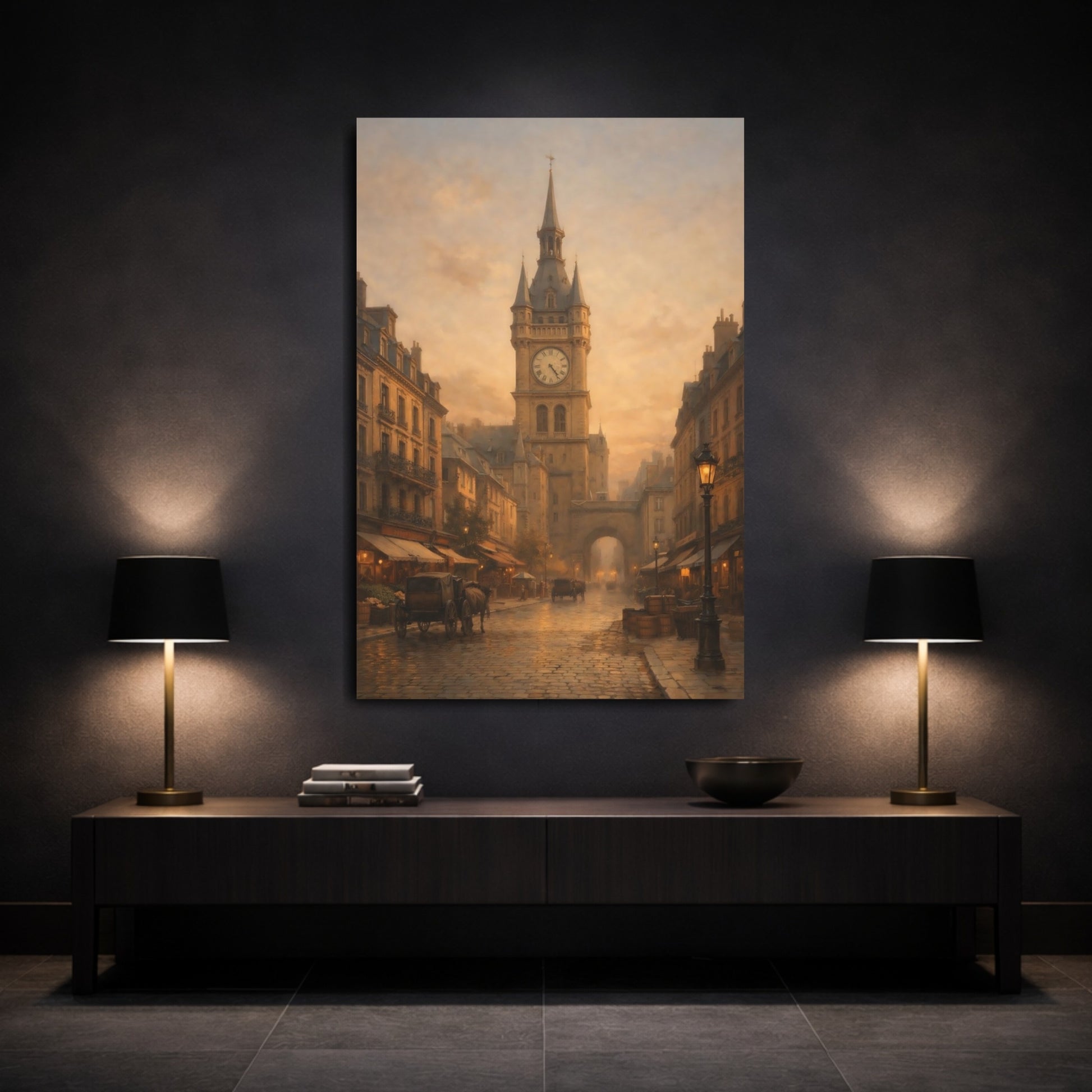 Vintage Clock Tower Golden Cityscape shown as front canvas room wall art