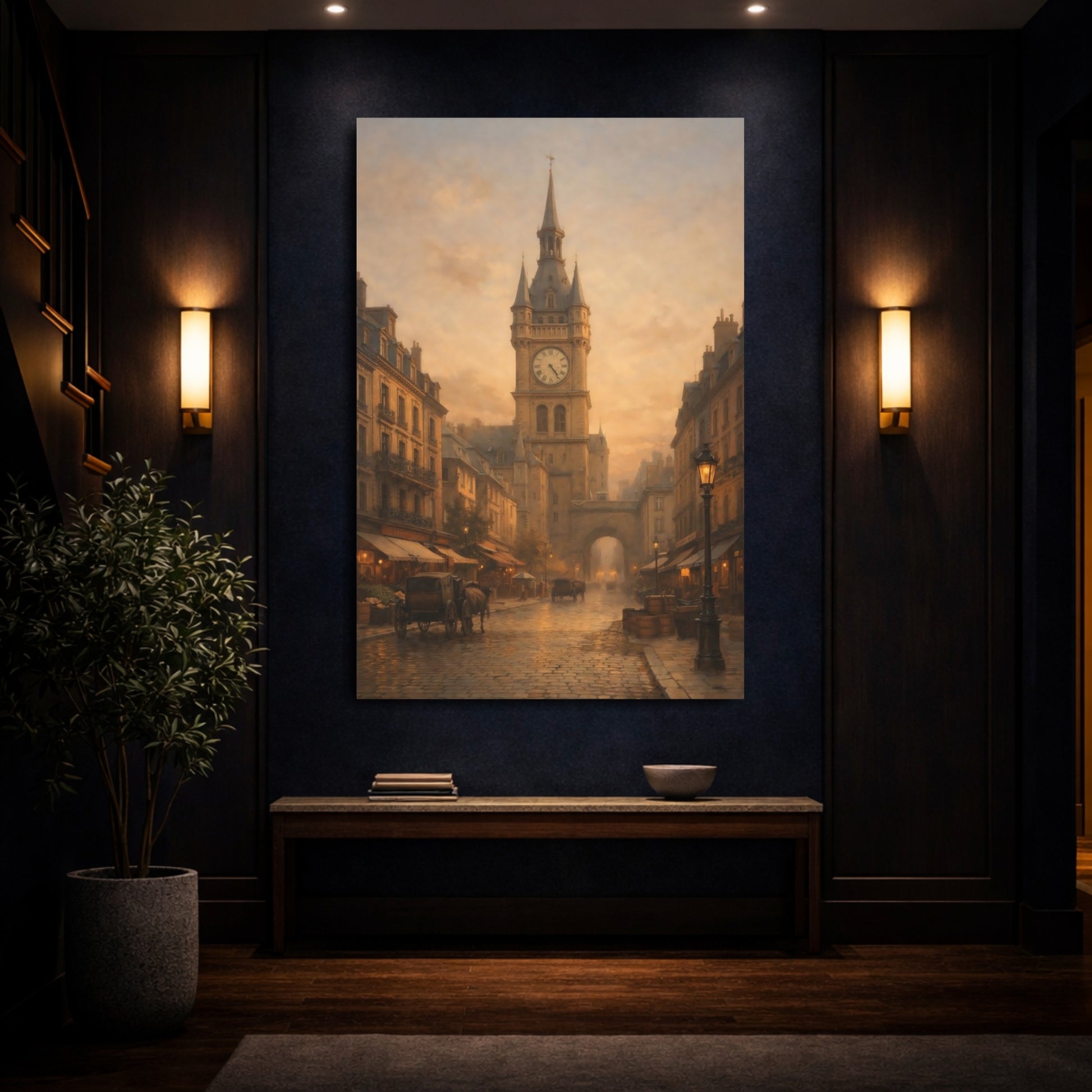Vintage Clock Tower Golden Cityscape shown as front canvas room wall art