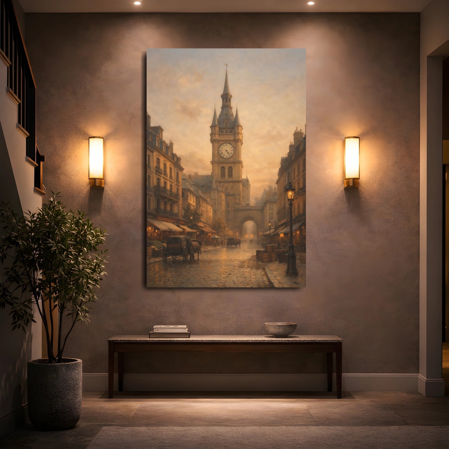 Vintage Clock Tower Golden Cityscape shown as front canvas room wall art