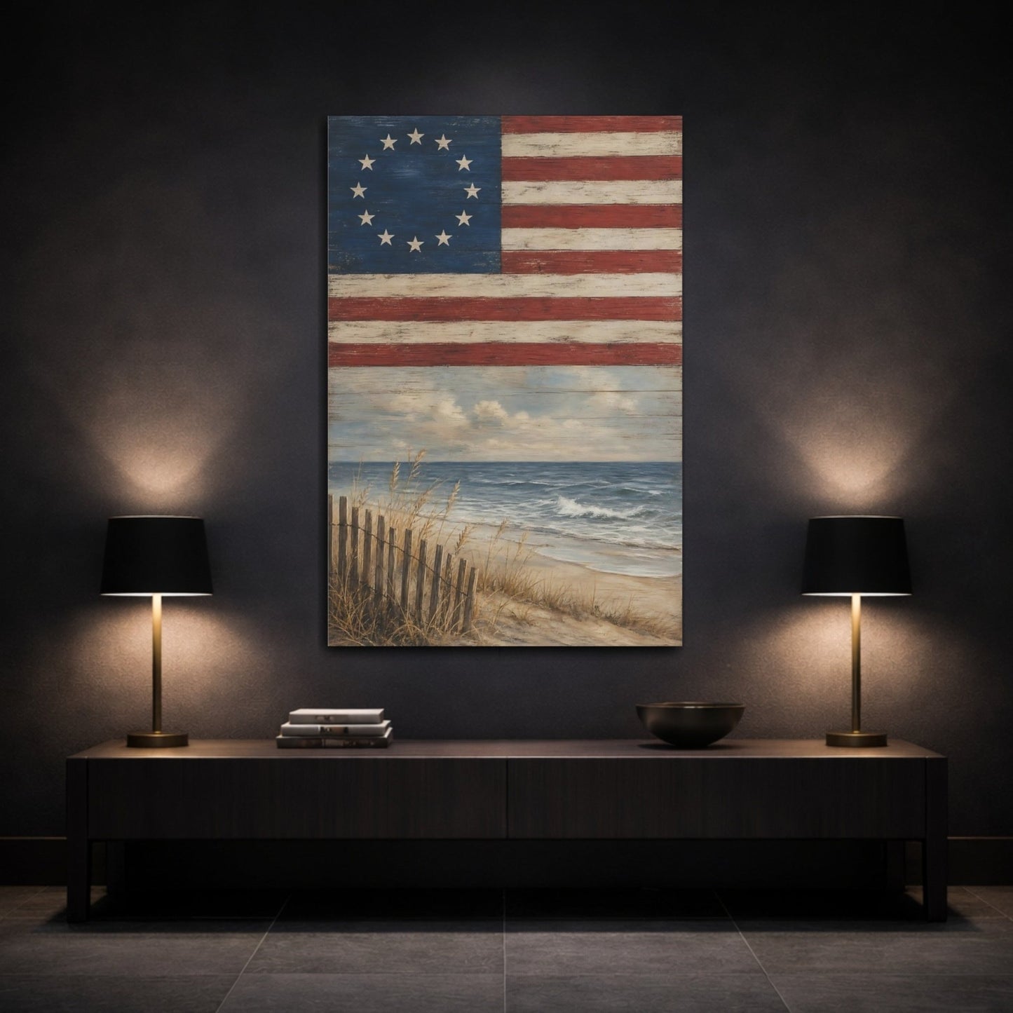 Vintage Coastal Flag Red White Blue Canvas Wall Art Print – Living Room, Above Console Table - YesArtYes