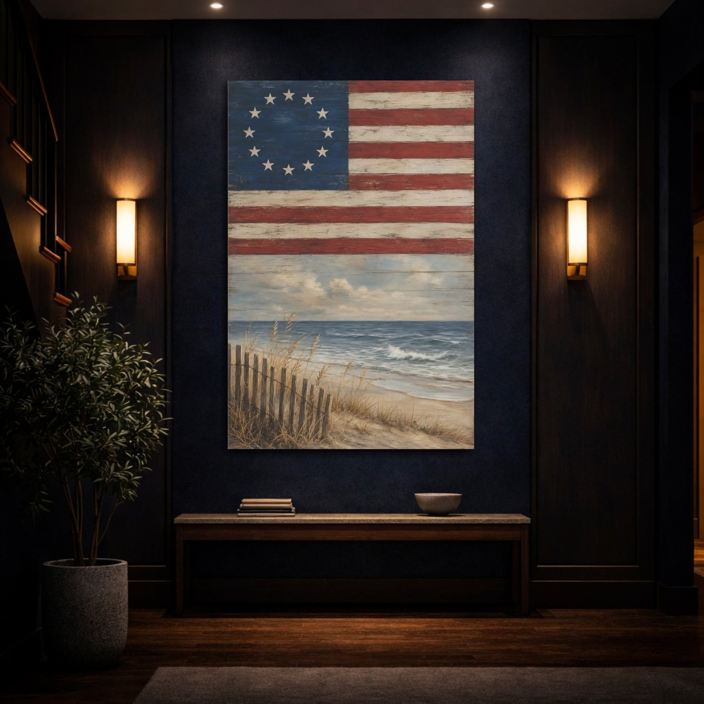 Vintage Coastal Flag Red White Blue Canvas Wall Art Print – Living Room, Above Console Table - YesArtYes