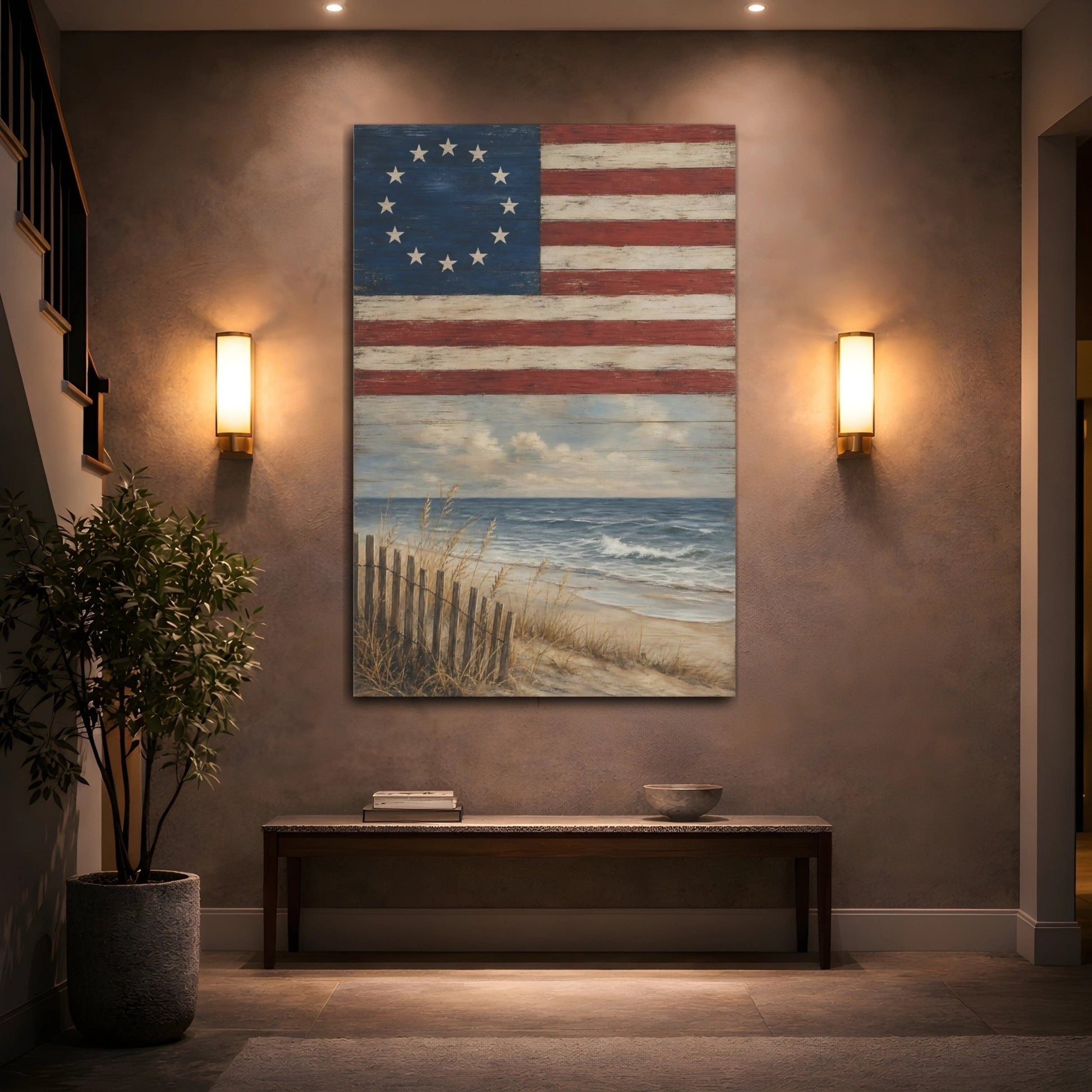 Vintage Coastal Flag Red White Blue Canvas Wall Art Print – Living Room, Above Console Table - YesArtYes