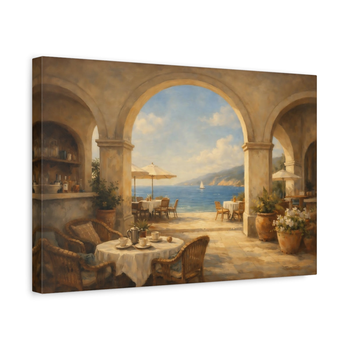 Side Mockup 4. Vintage Coastal Patio Coastal Blue Brown shown as stretched canvas wall art