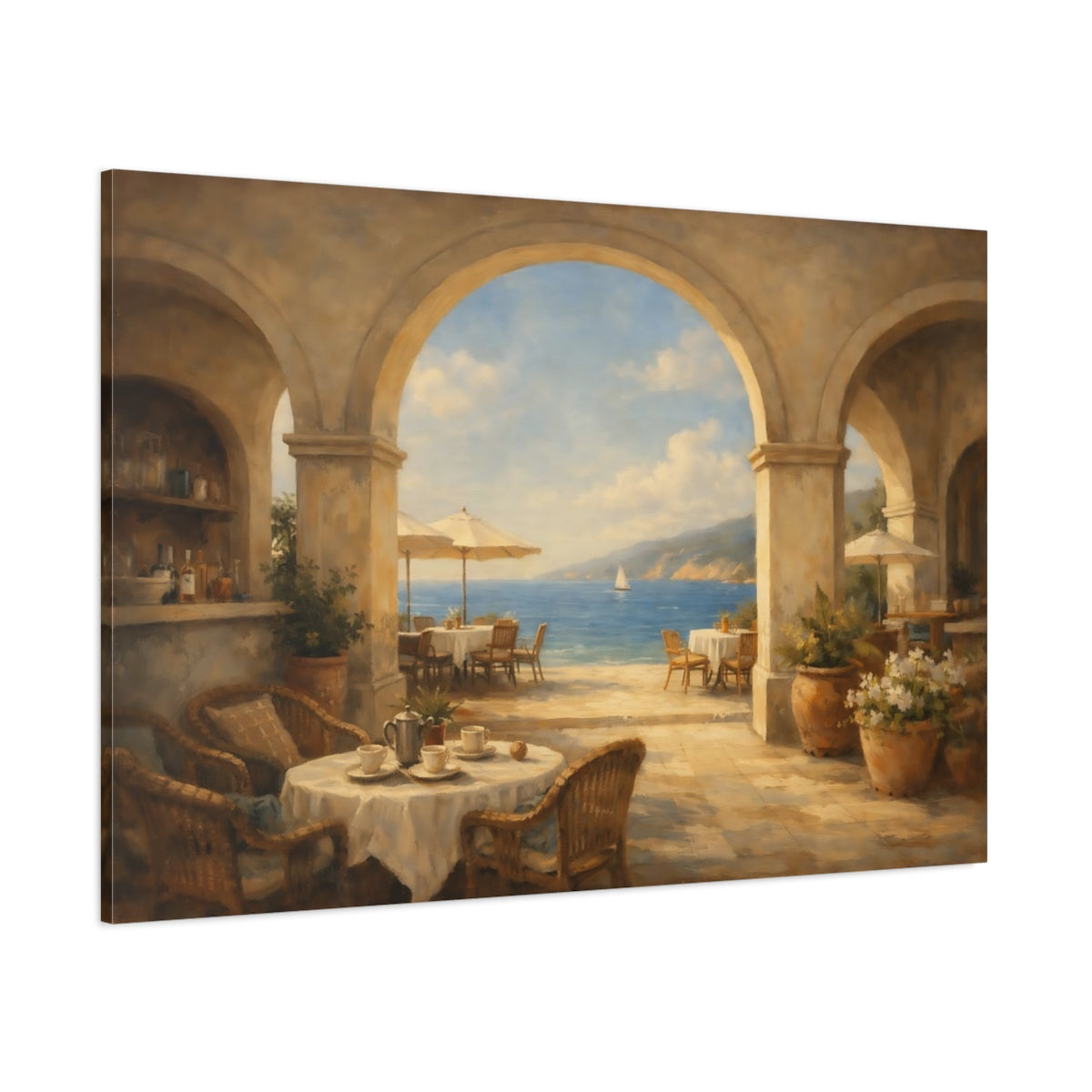 Main Mockup. Vintage Coastal Patio Coastal Blue Brown shown as stretched canvas wall art