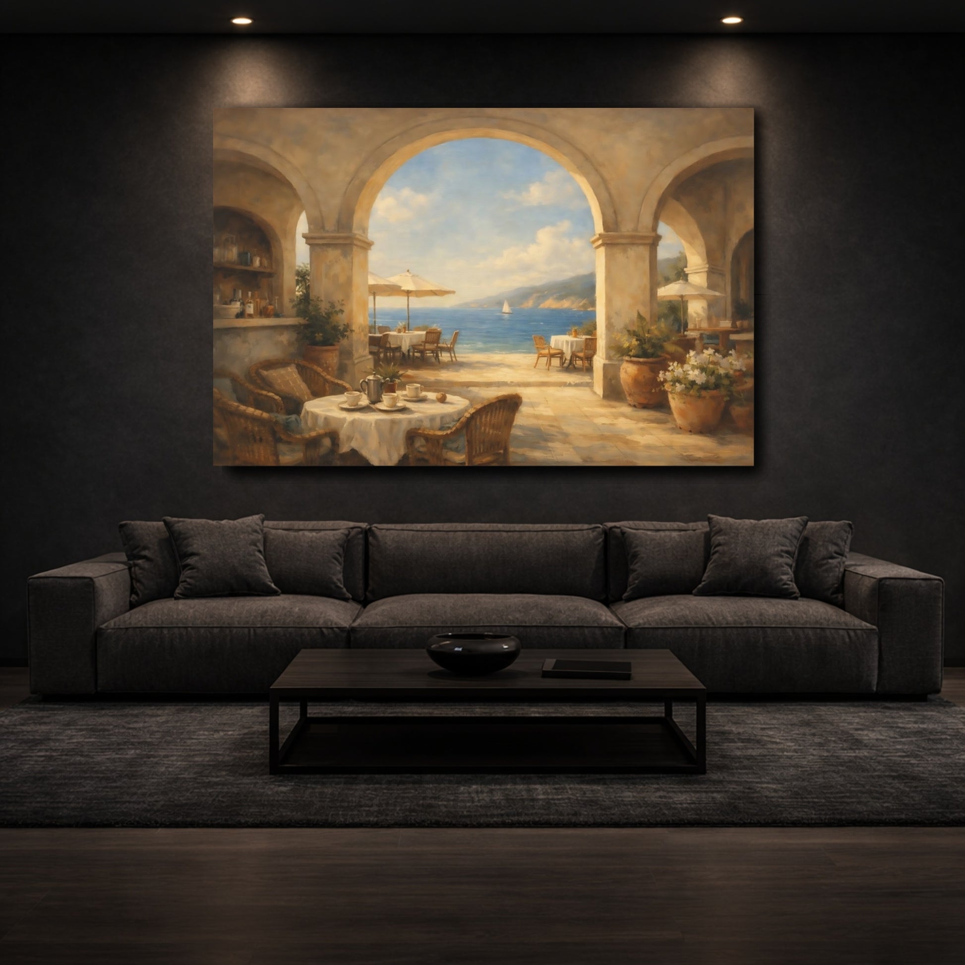 Mockup 2. Vintage Coastal Patio Coastal Blue Brown shown as stretched canvas wall art