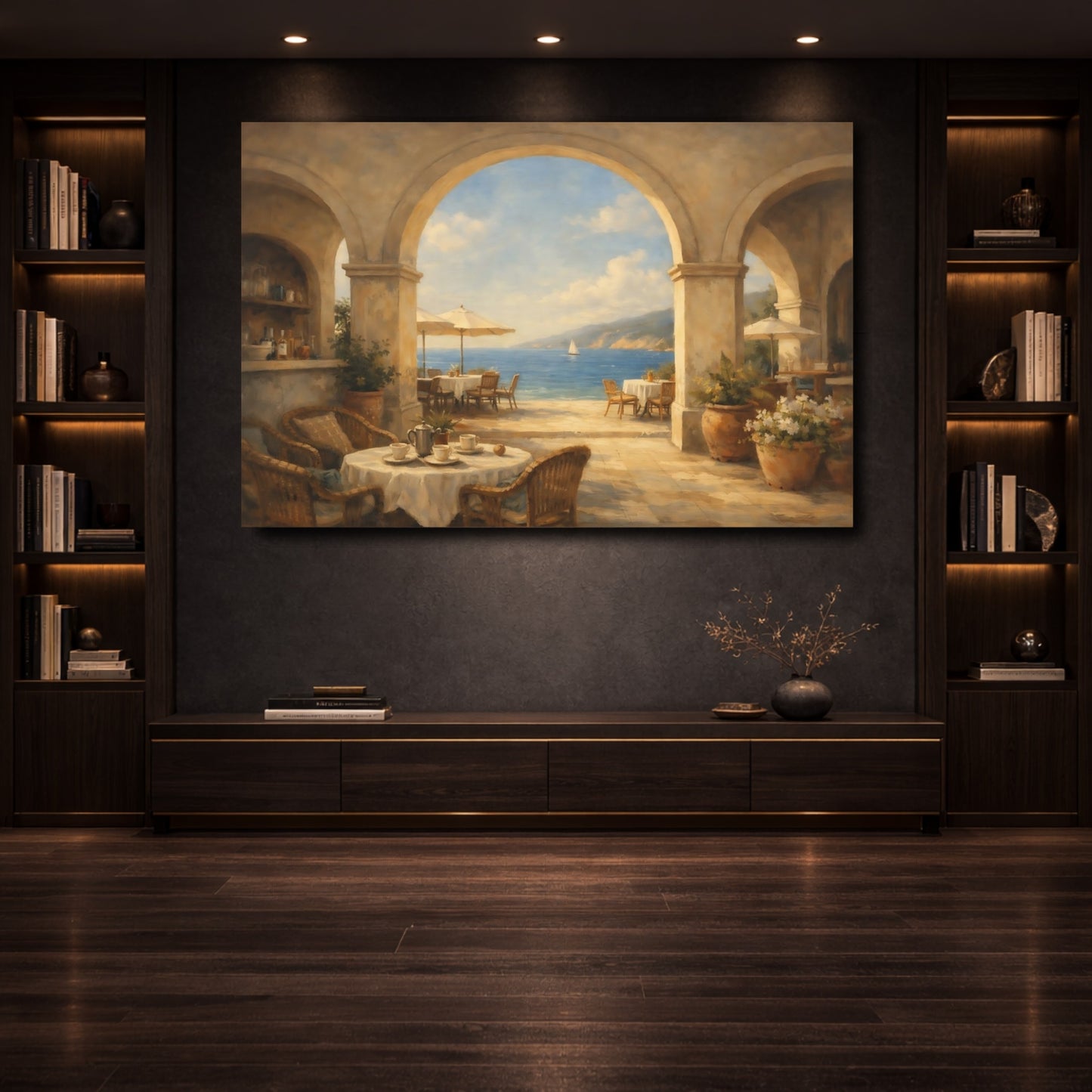 Mockup 3. Vintage Coastal Patio Coastal Blue Brown shown as stretched canvas wall art