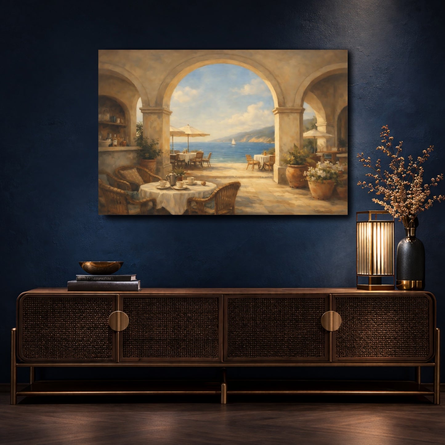 Mockup 4. Vintage Coastal Patio Coastal Blue Brown shown as stretched canvas wall art