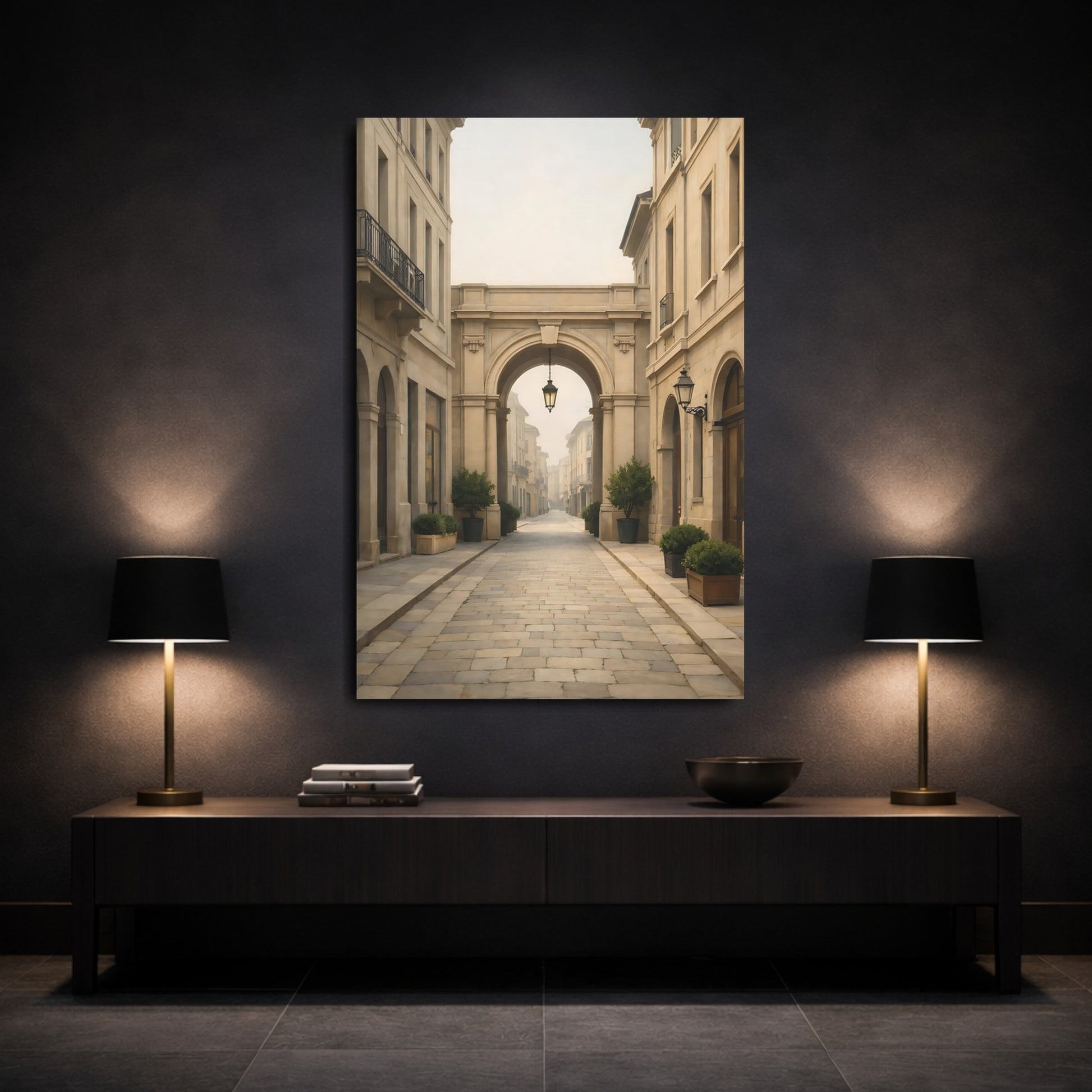 Vintage Cobblestone Street Cream Stone Street shown as front canvas room wall art