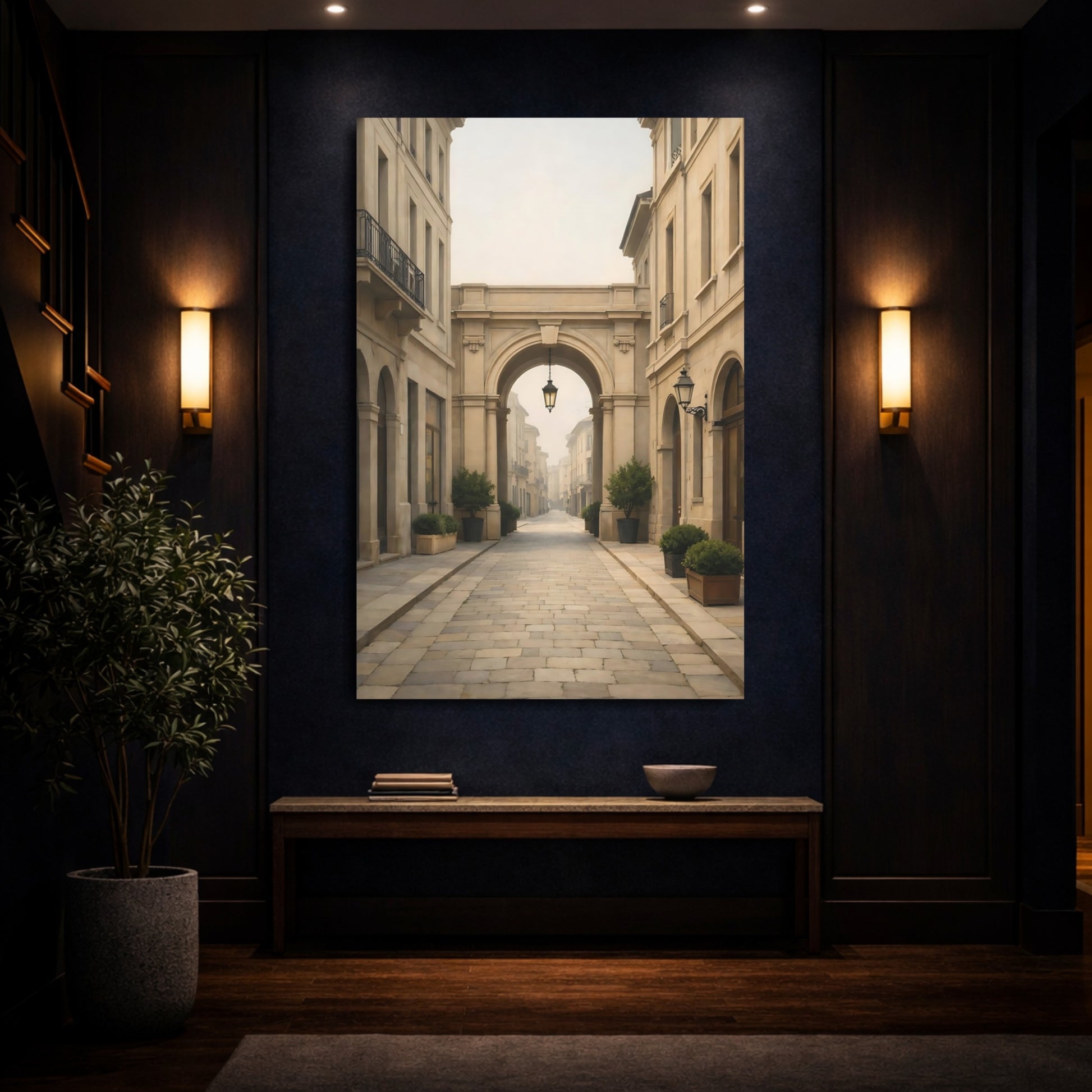 Vintage Cobblestone Street Cream Stone Street shown as front canvas room wall art