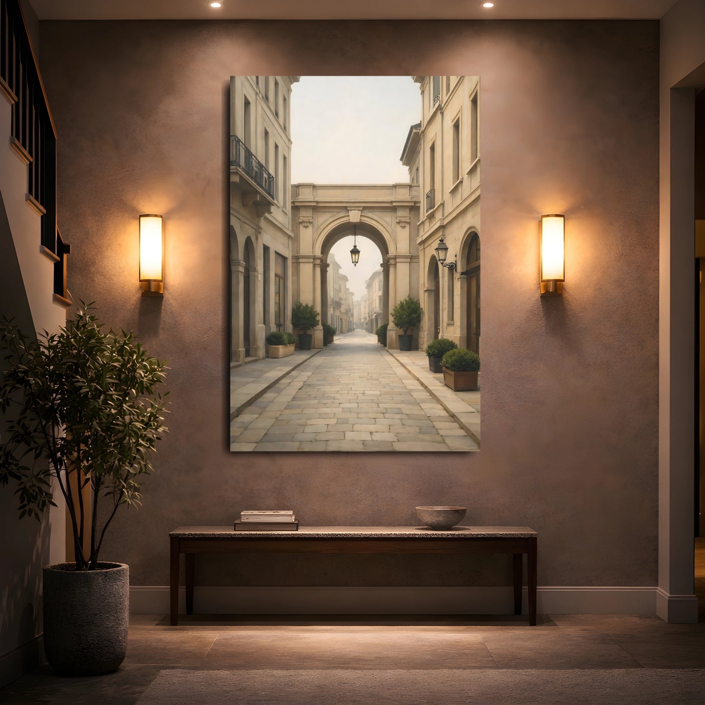 Vintage Cobblestone Street Cream Stone Street shown as front canvas room wall art