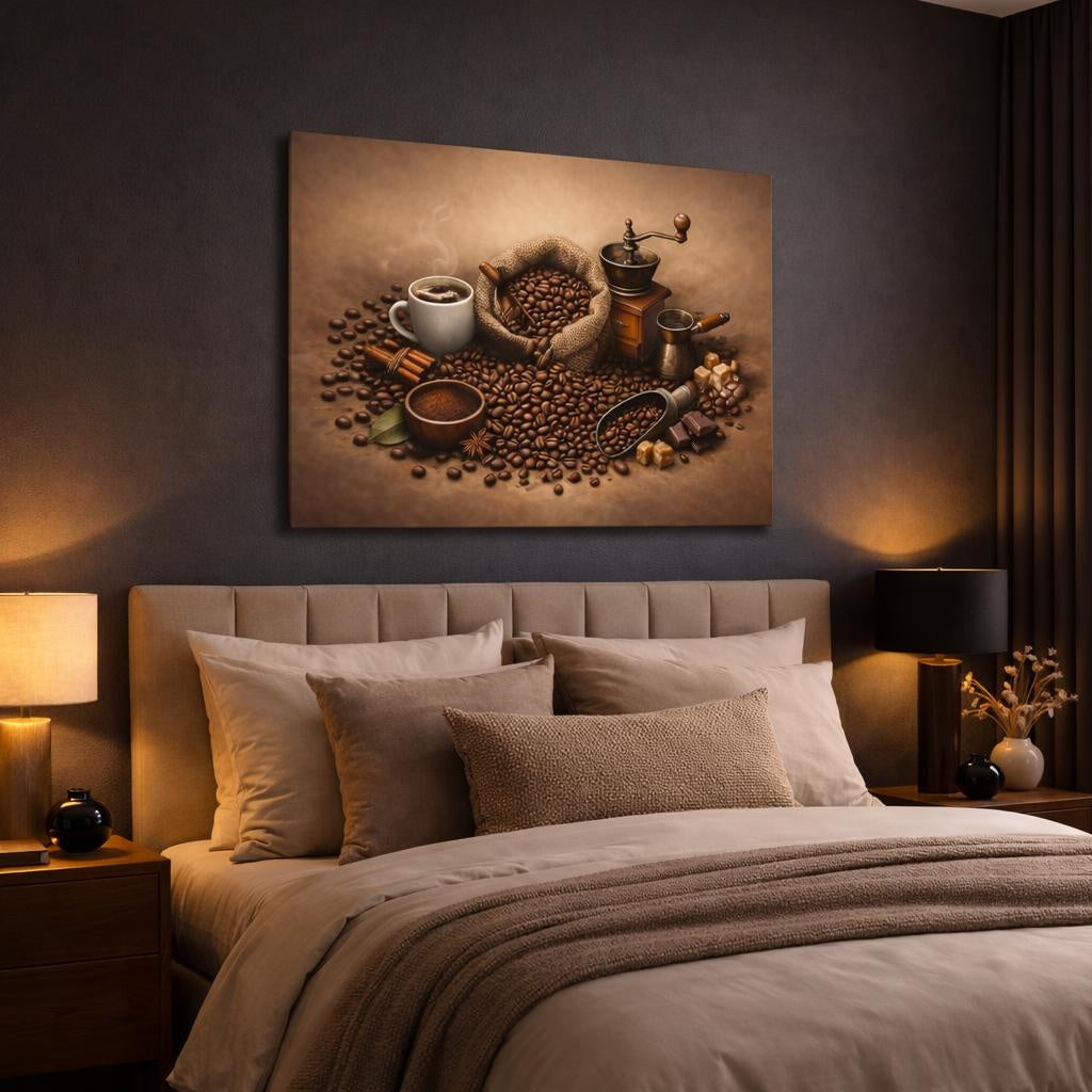 Vintage Coffee Beans shown as canvas wall art in a luxury bedroom