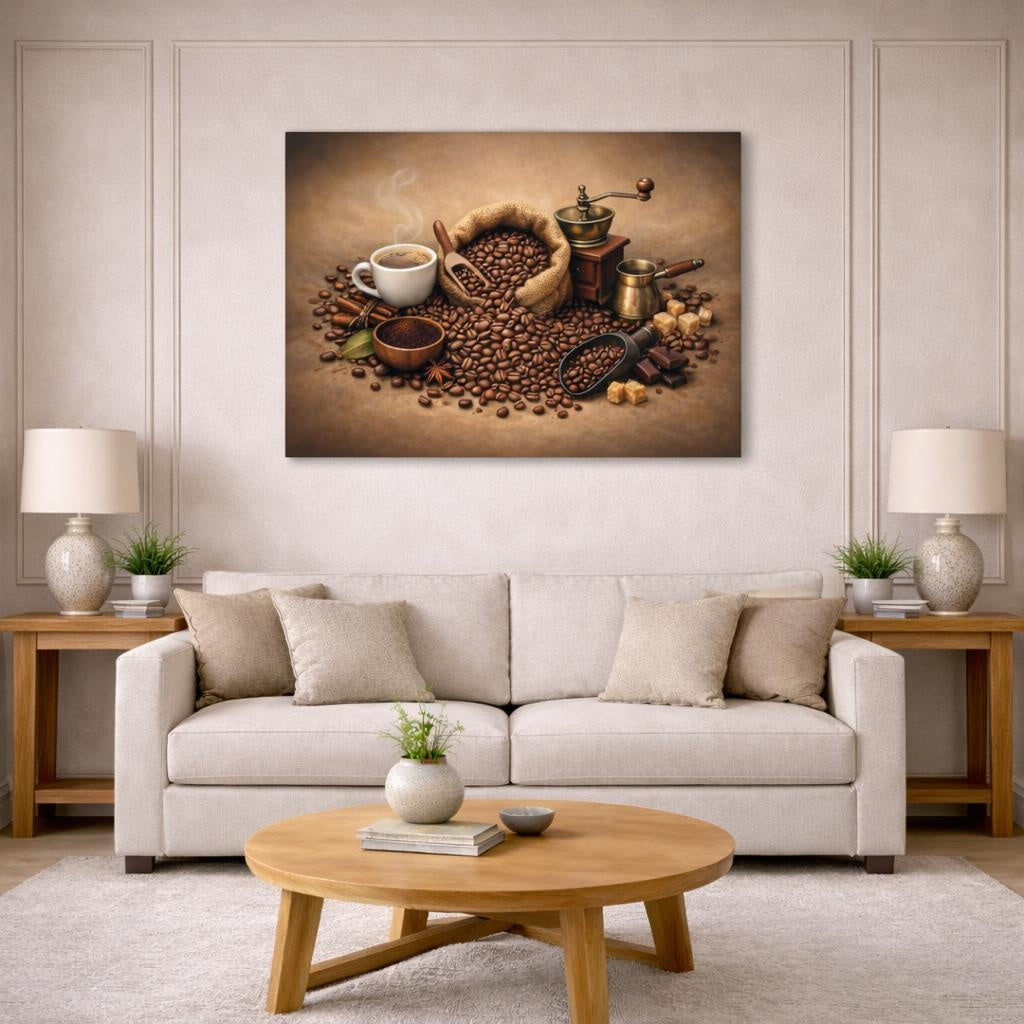 Vintage Coffee Beans shown as canvas wall art in a modern living room