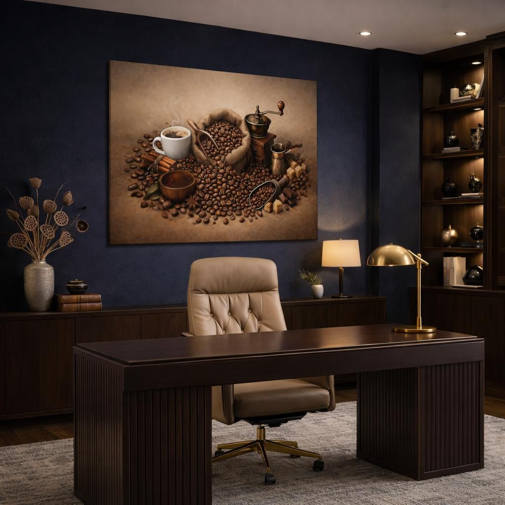 Vintage Coffee Beans shown as canvas wall art in an elegant contemporary kitchen