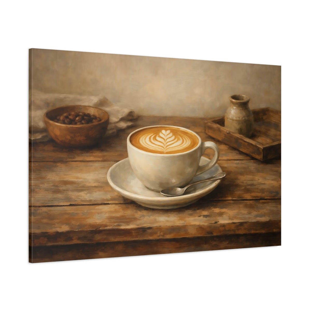 Main Mockup. Vintage Coffee Cup Brown And Beige shown as stretched canvas wall art