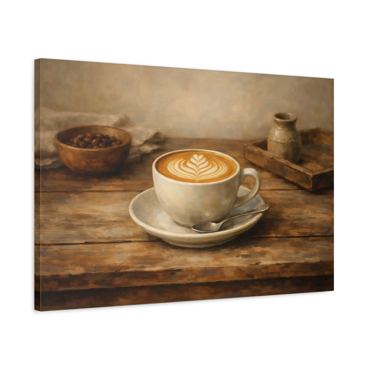 Side Mockup 2. Vintage Coffee Cup Brown And Beige shown as stretched canvas wall art