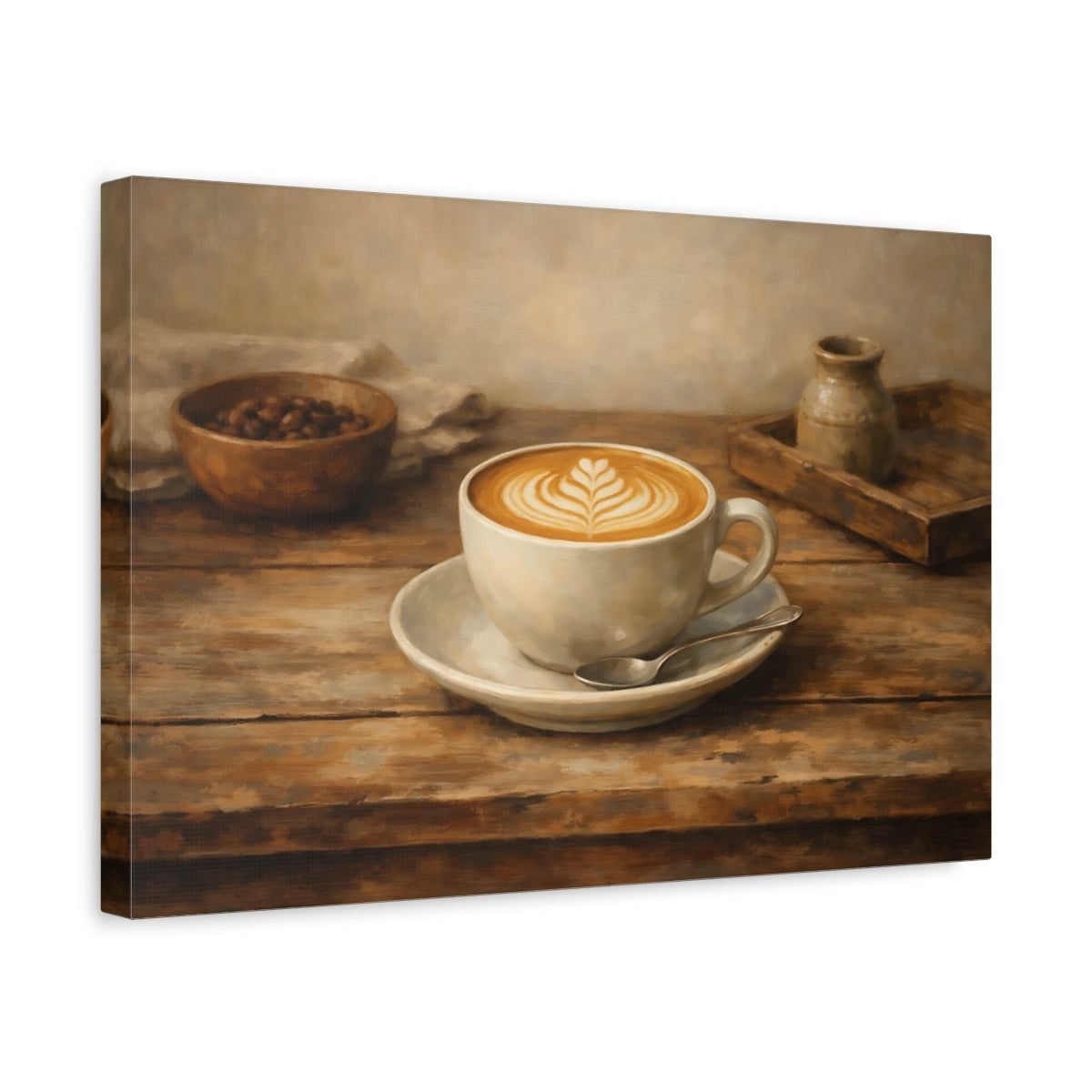 Side Mockup 4. Vintage Coffee Cup Brown And Beige shown as stretched canvas wall art