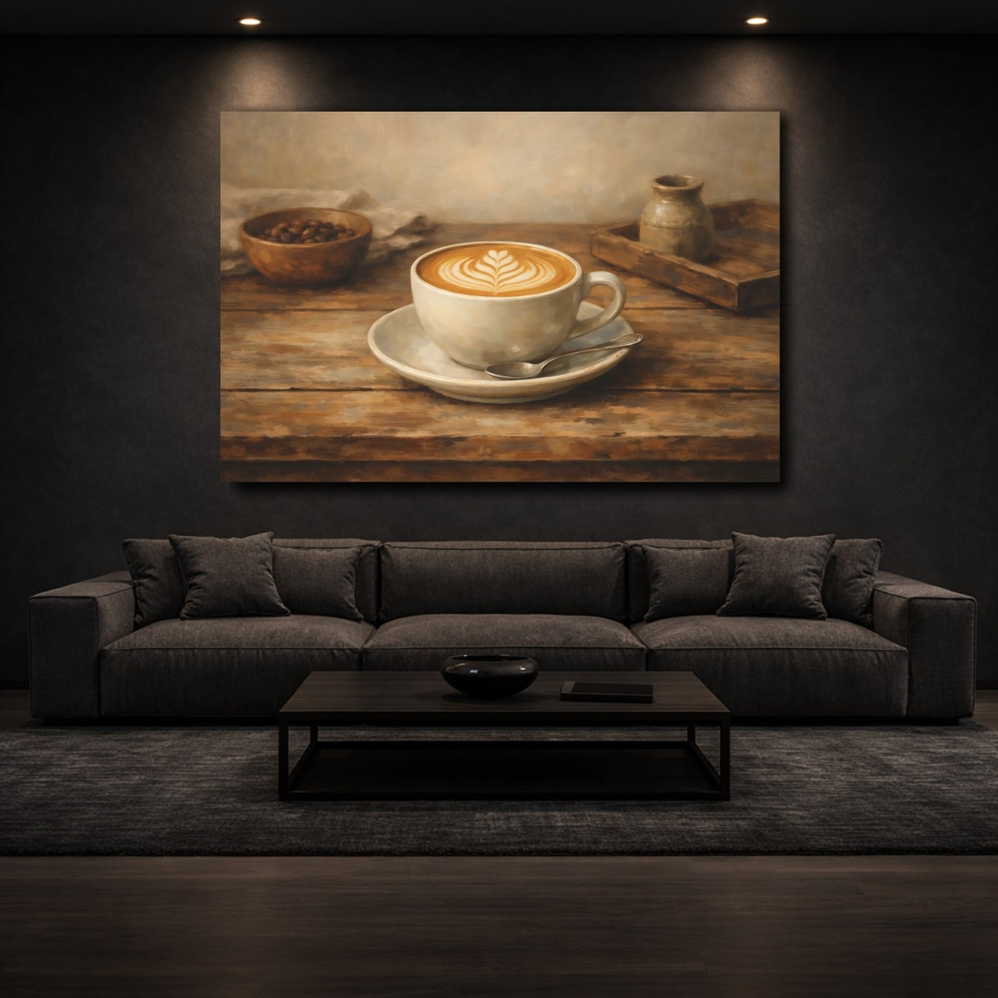 Mockup 2. Vintage Coffee Cup Brown And Beige shown as stretched canvas wall art