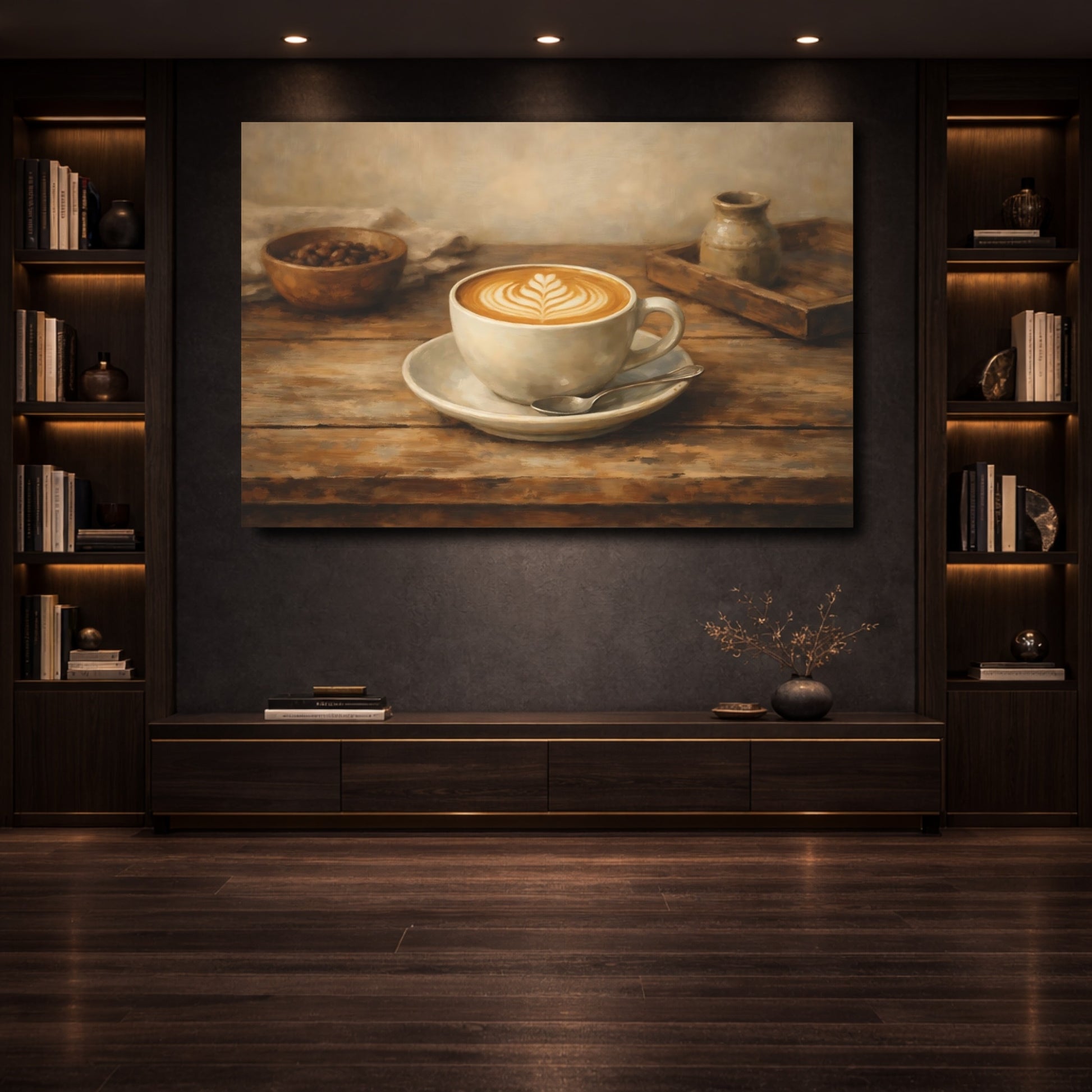 Mockup 3. Vintage Coffee Cup Brown And Beige shown as stretched canvas wall art
