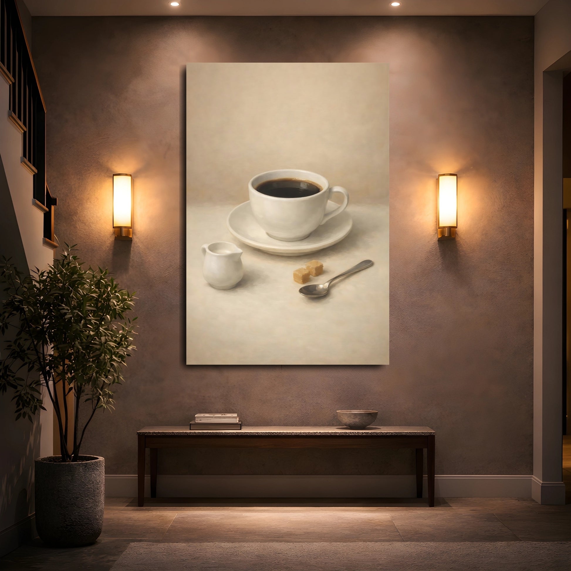 Mockup 4. Vintage Coffee Cup Brown And Beige shown as stretched canvas wall art