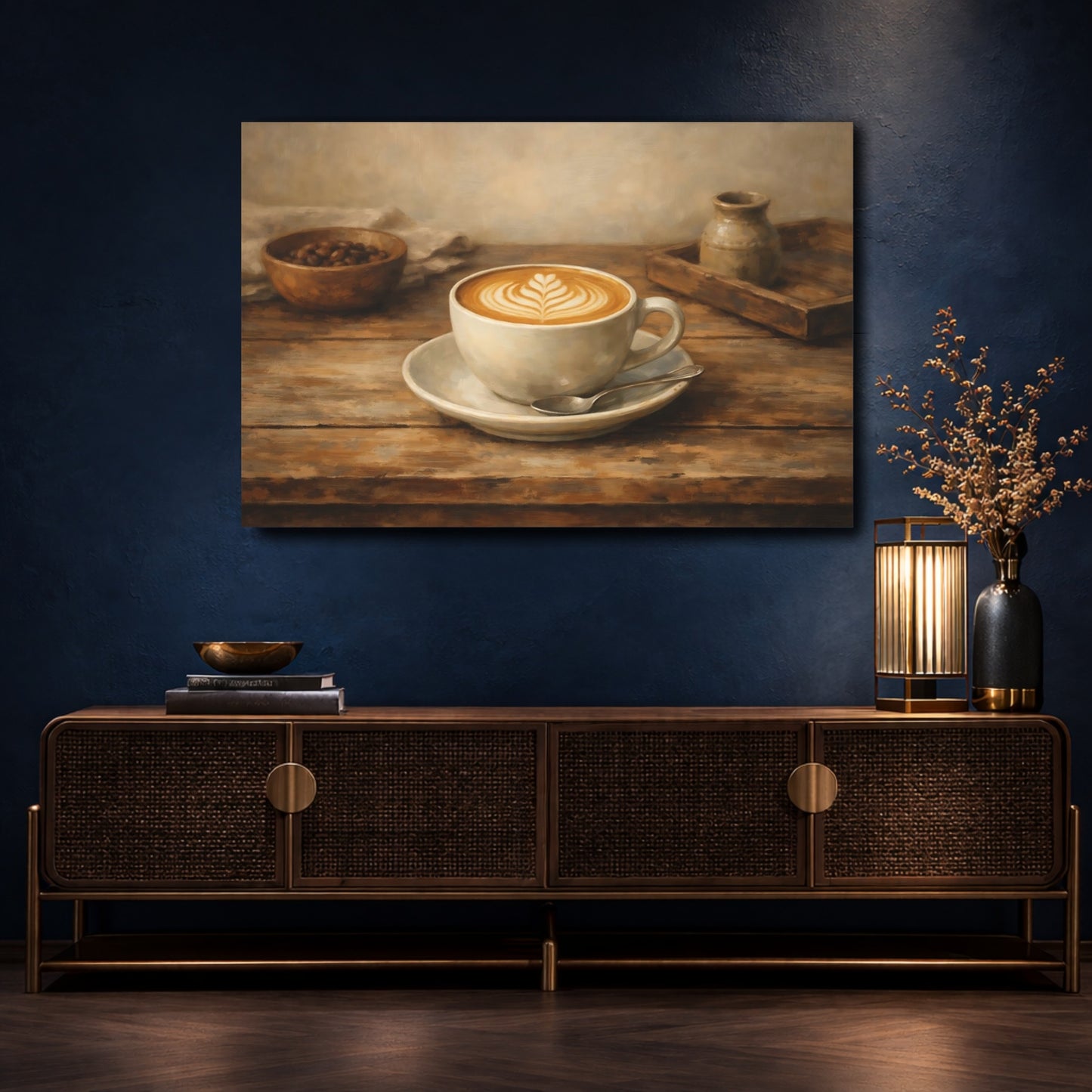 Mockup 4. Vintage Coffee Cup Brown And Beige shown as stretched canvas wall art