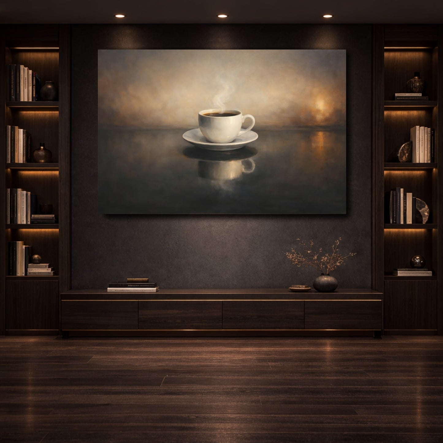 Mockup 3. Vintage Coffee Cup Brown And Black shown as stretched canvas wall art