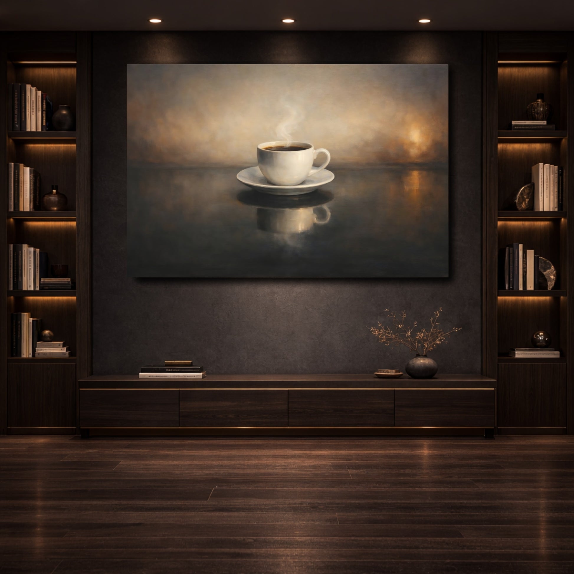 Mockup 3. Vintage Coffee Cup Brown And Black shown as stretched canvas wall art