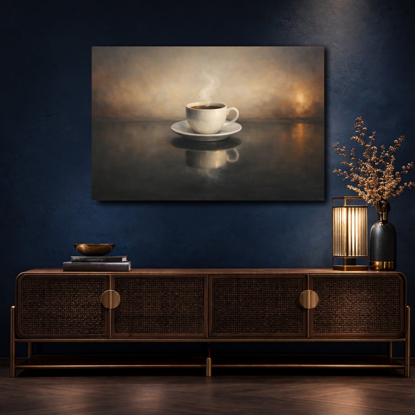 Mockup 4. Vintage Coffee Cup Brown And Black shown as stretched canvas wall art