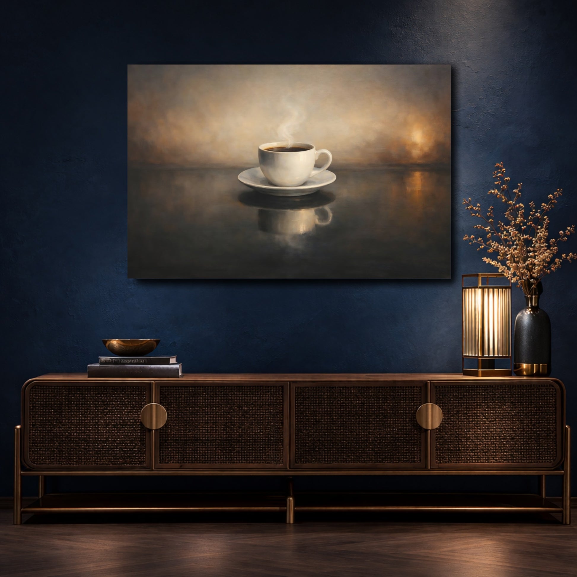 Mockup 4. Vintage Coffee Cup Brown And Black shown as stretched canvas wall art