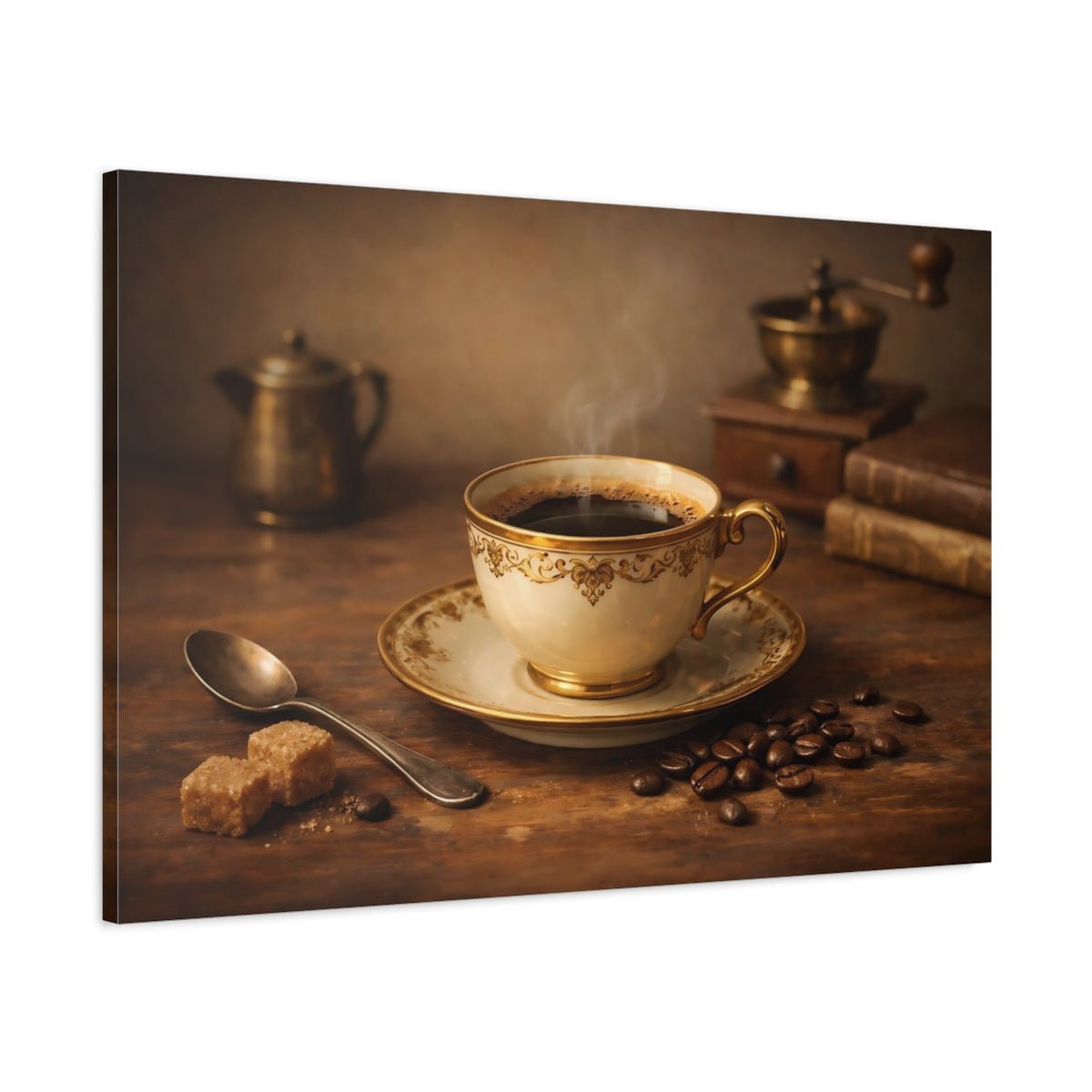 Vintage Coffee Cup Brown Gold - Canvas Wall Art Print - YesArtYes