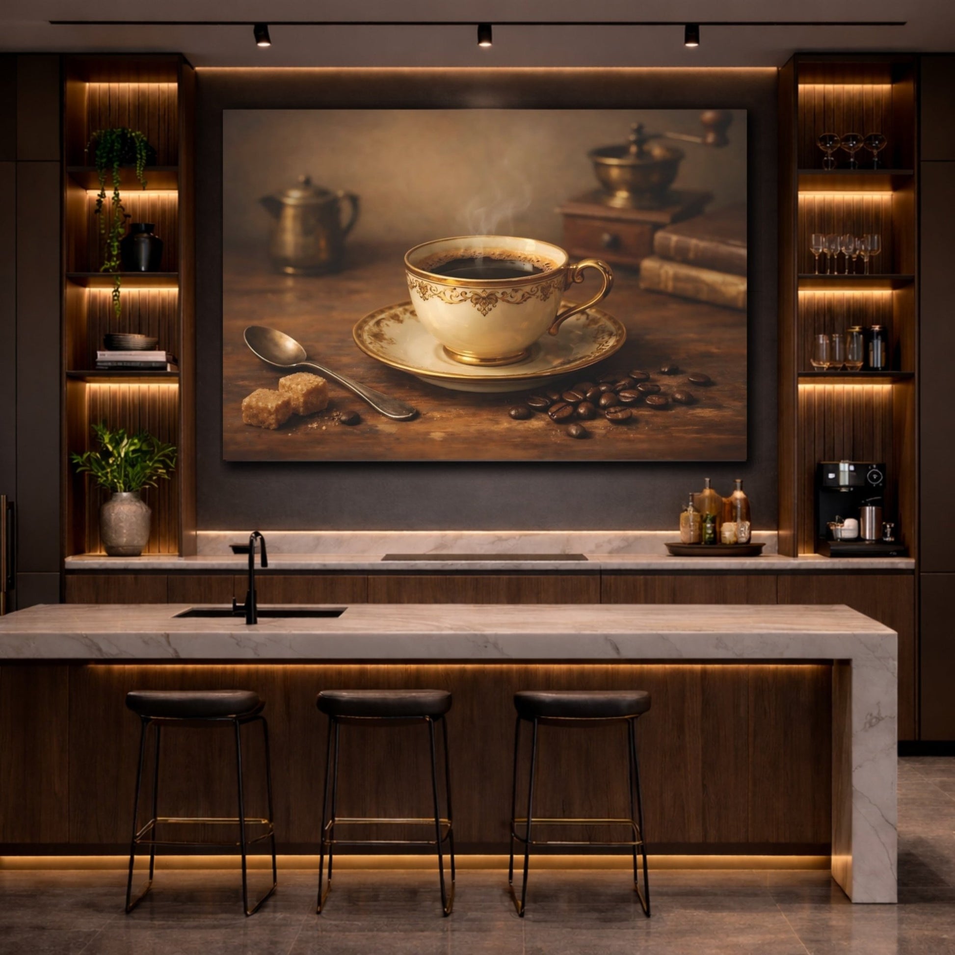 Vintage Coffee Cup Brown Gold - Canvas Wall Art Print - YesArtYes