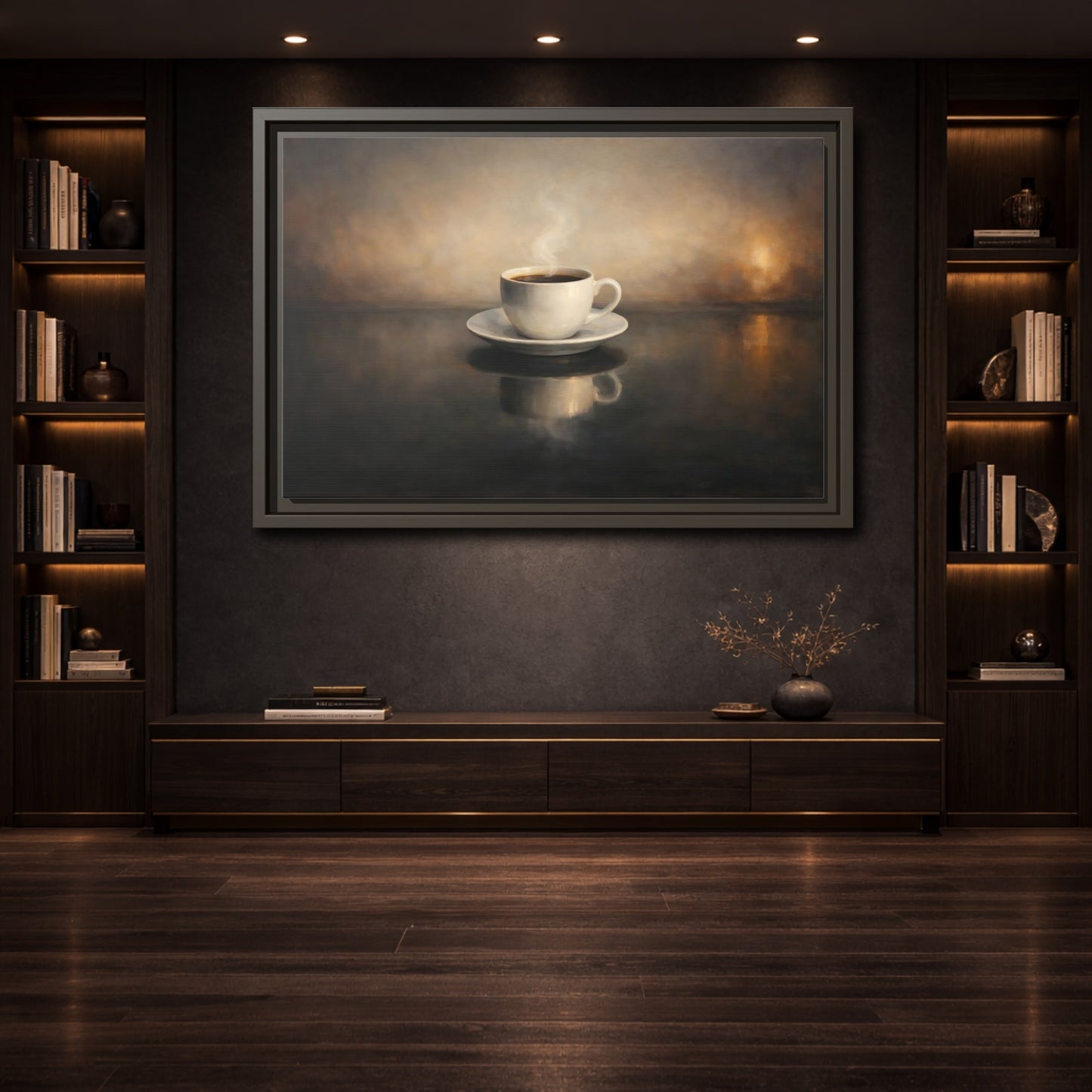 Mockup 3. Vintage Coffee Cup Warm Brown Coffee shown as stretched canvas wall art