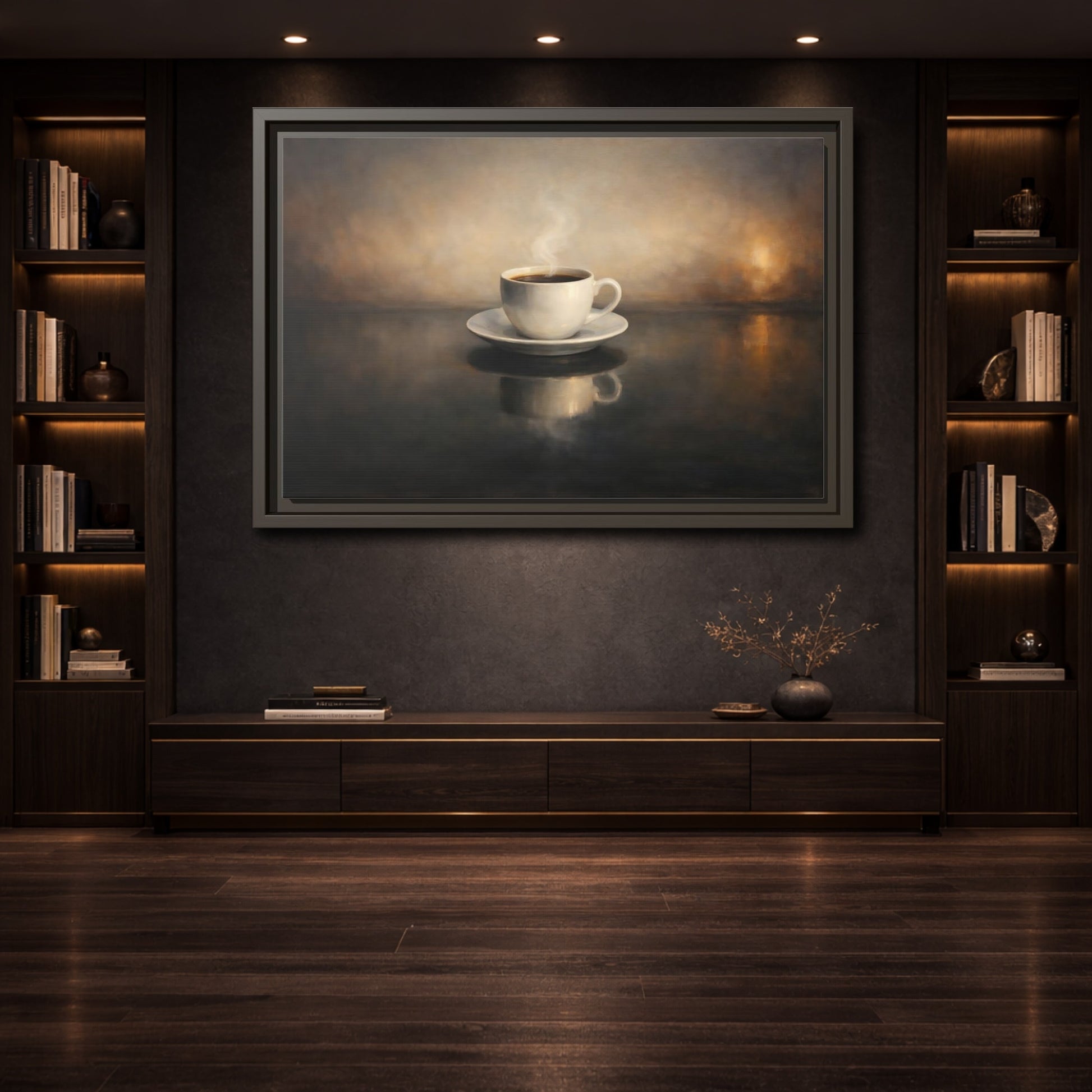 Mockup 3. Vintage Coffee Cup Warm Brown Coffee shown as stretched canvas wall art