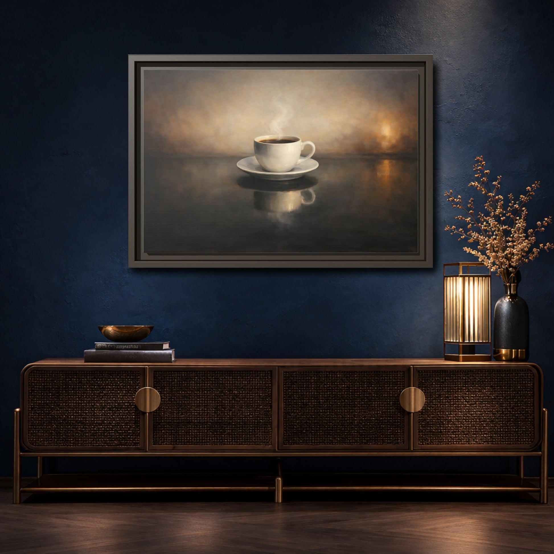 Mockup 4. Vintage Coffee Cup Warm Brown Coffee shown as stretched canvas wall art