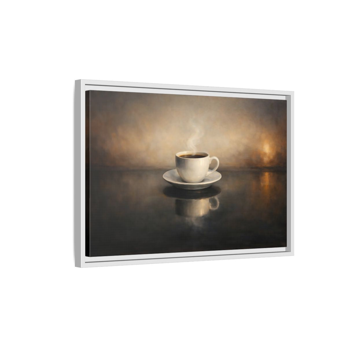 Side Mockup 1. Vintage Coffee Cup Warm Brown Coffee shown as stretched canvas wall art