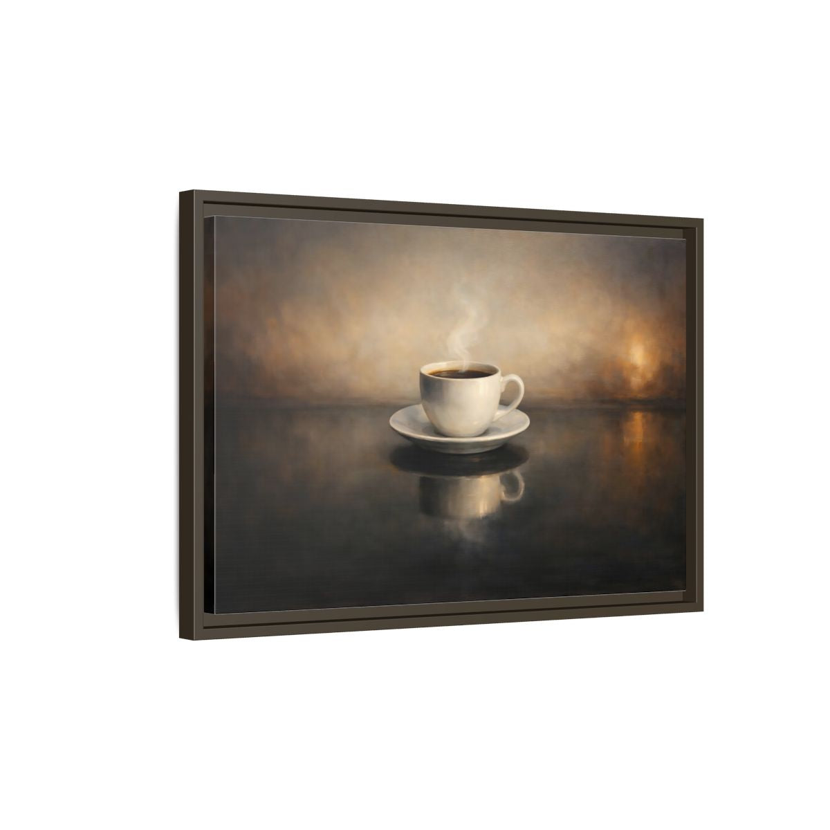 Side Mockup 2. Vintage Coffee Cup Warm Brown Coffee shown as stretched canvas wall art