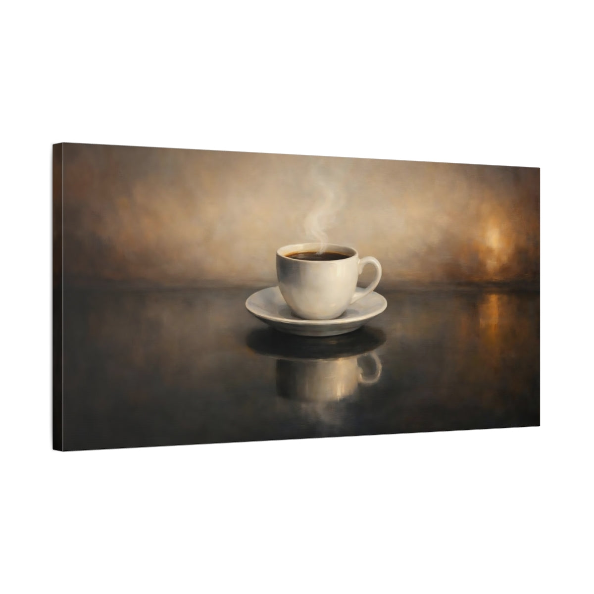 Side Mockup 2. Vintage Coffee Cup Warm Coffee shown as stretched canvas wall art