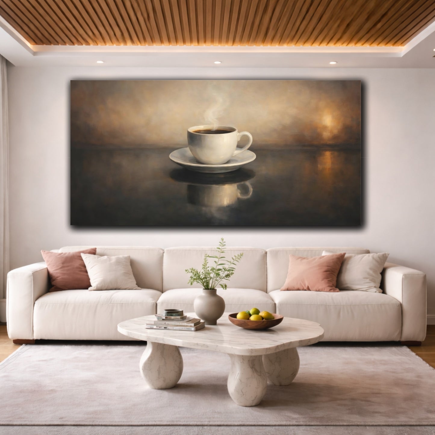 Mockup 3. Vintage Coffee Cup Warm Coffee shown as stretched canvas wall art