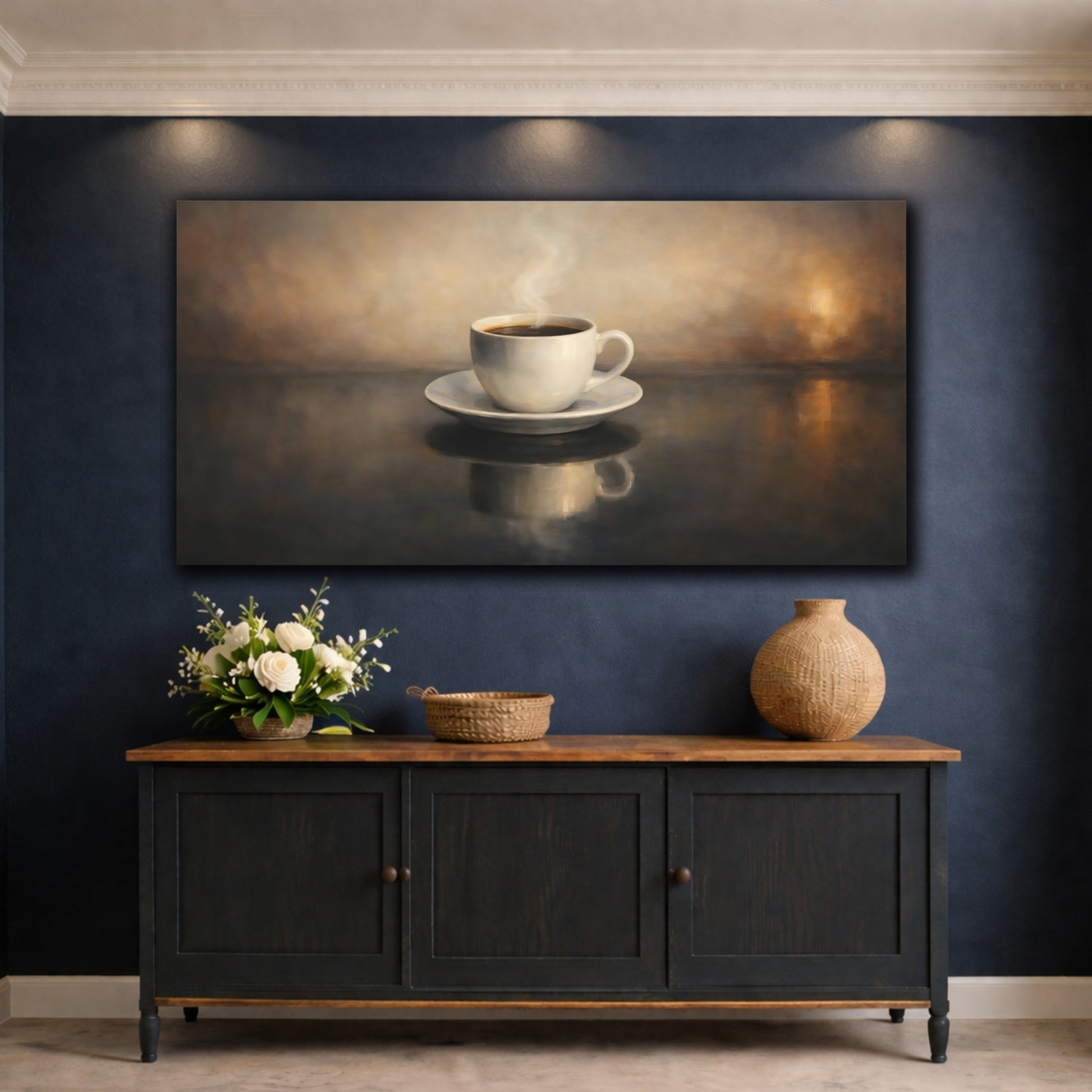 Mockup 4. Vintage Coffee Cup Warm Coffee shown as stretched canvas wall art