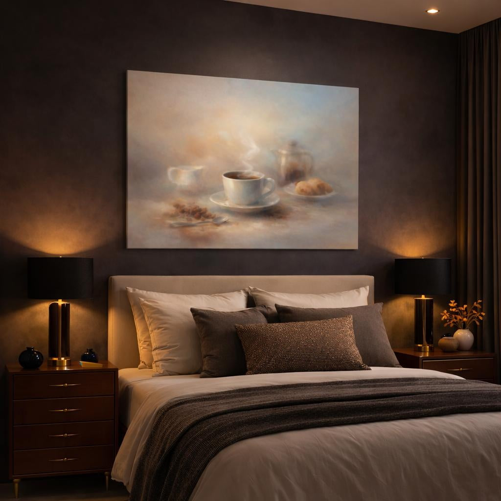 Vintage Coffee Cup Warm Coffee Scene shown as canvas wall art in a luxury bedroom