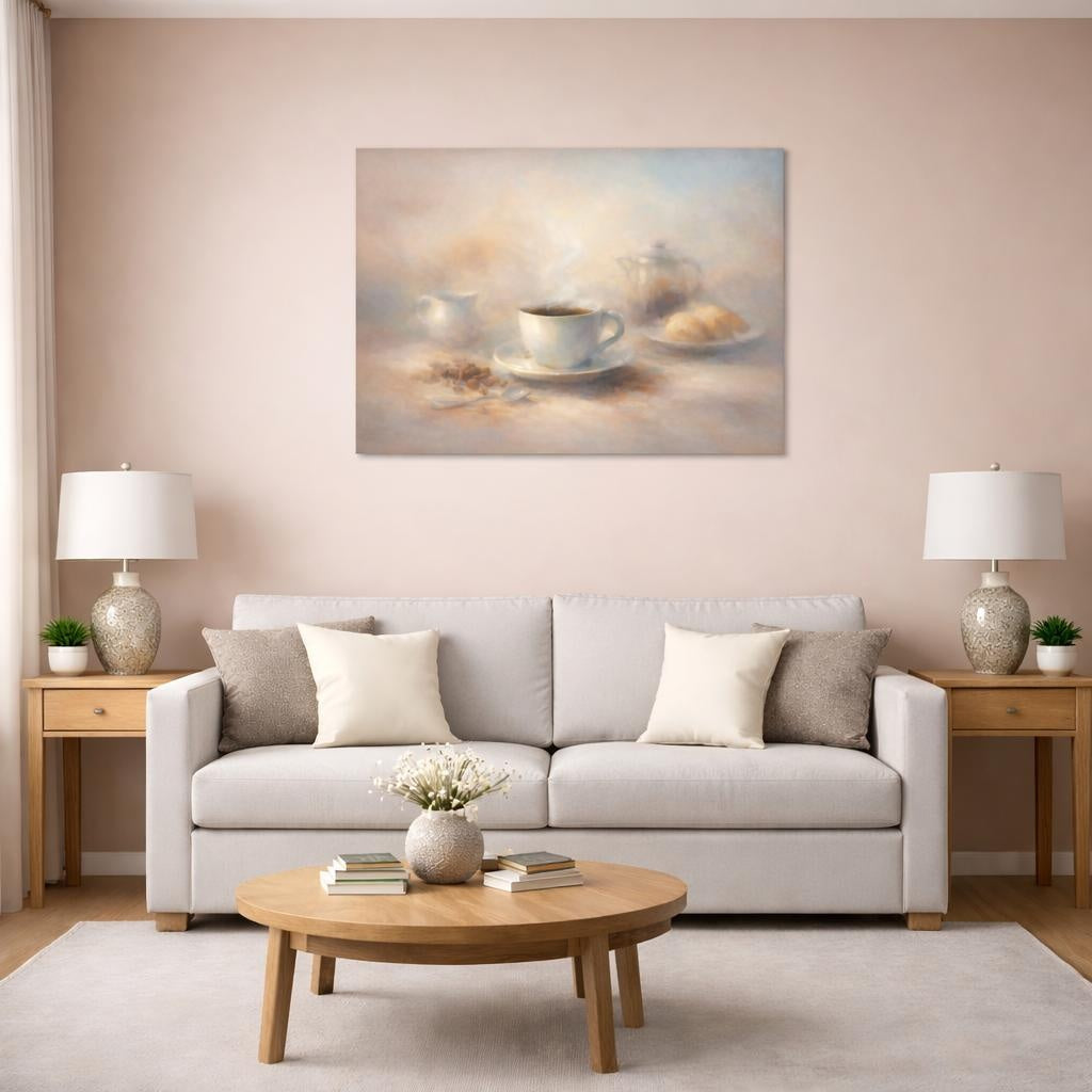Vintage Coffee Cup Warm Coffee Scene shown as canvas wall art in a modern living room